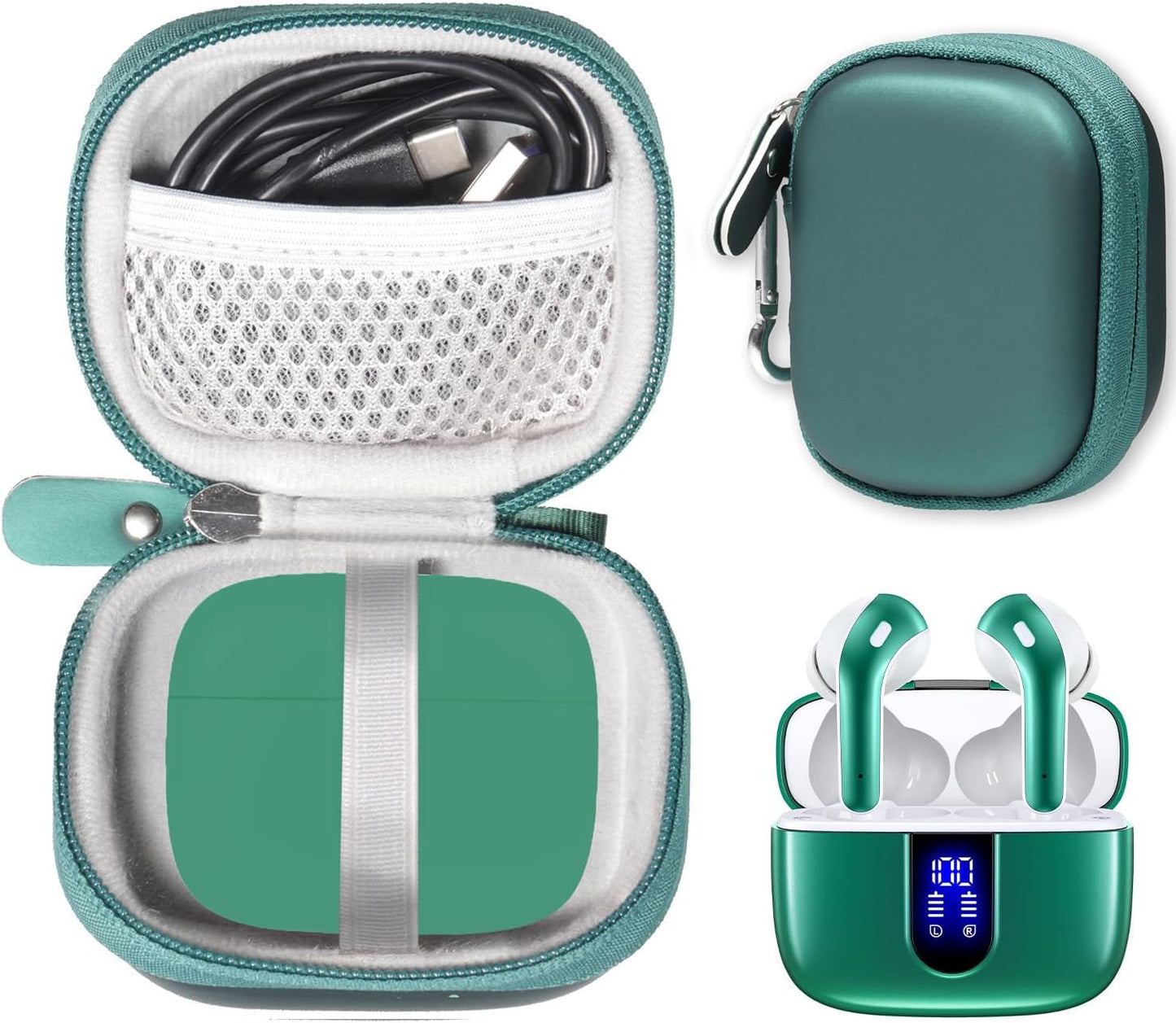 CaseSack X08 60H, Case for TAGRY Bluetooth Headphones True Wireless Earbuds mesh Pocket for Charge Cable (Green)