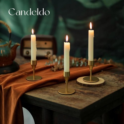 Candeldo Gold Taper Candle Holders - Elegant Metal Centerpiece Set of 12 for Weddings & Christmas Decor