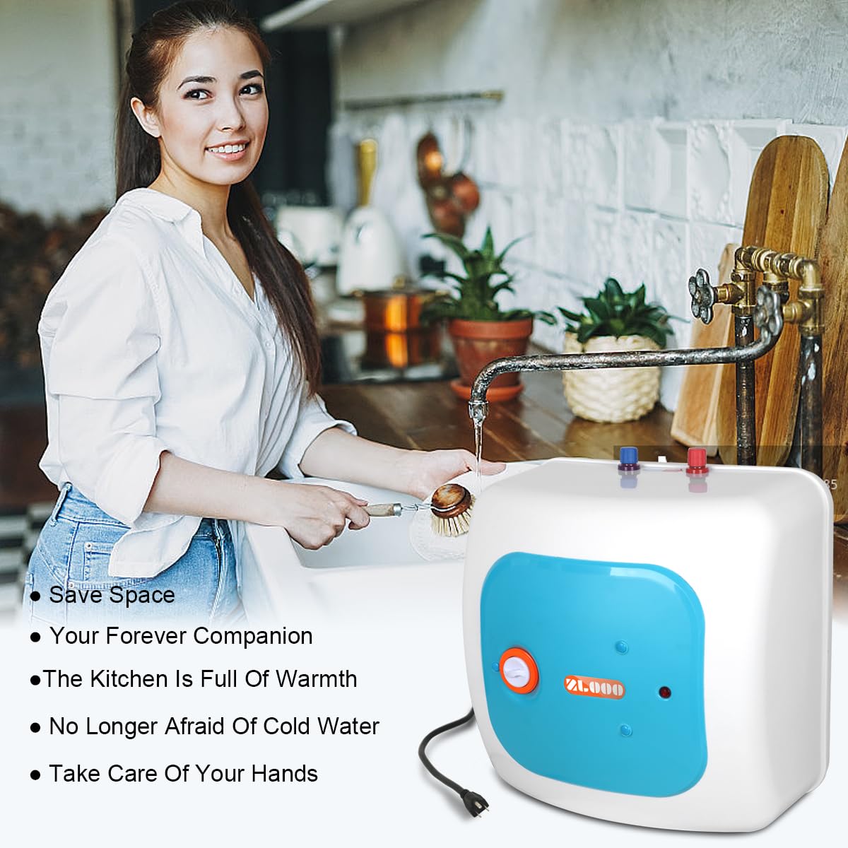 110V-120V 1440-1500W Instant Electric Hot Water Heater Under Kitchen Small Tank 8.0 Gallon Storage,Rv Trailer Instant Fiberglass Compact Point-of-Use,2 PCs 16” Long 1/2”FIP Stainless Steel Hose 30L