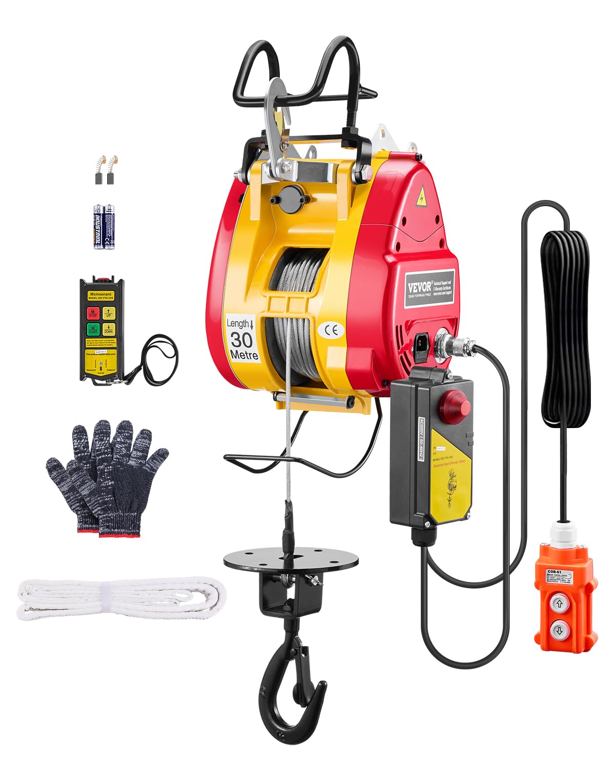 VEVOR 2-in-1 Electric Hoist Winch, 1100 lbs Capacity, 1800W Portable Power Winch, 98 ft Lifting Height, 36 ft/min with Wire and Wireless Remote Control, for Garage, Warehouse, Factory Lifting Towing
