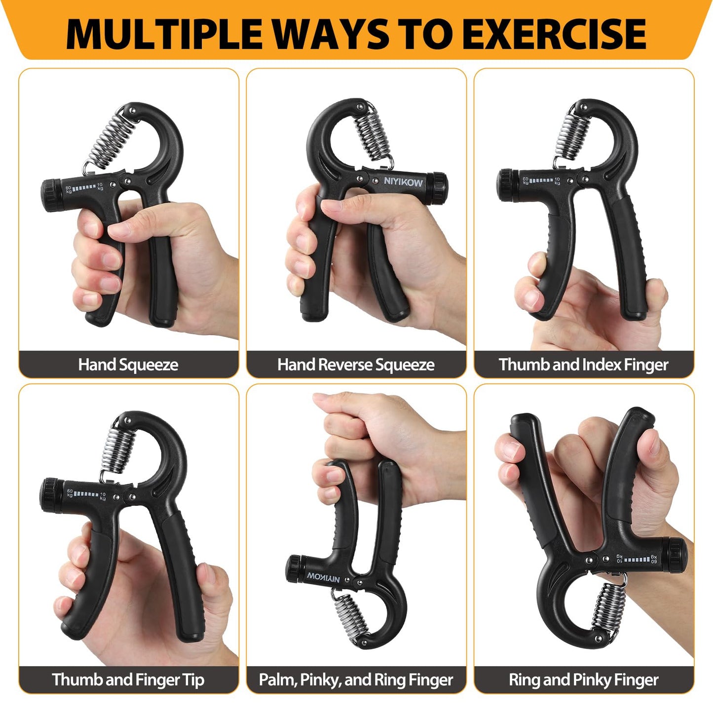 NIYIKOW 2 Pack Grip Strength Trainer, Hand Grip Strengthener, Adjustable Resistance 22-132Lbs (10-60kg), Forearm Strengthener, Perfect for Musicians Athletes - Carbon Black