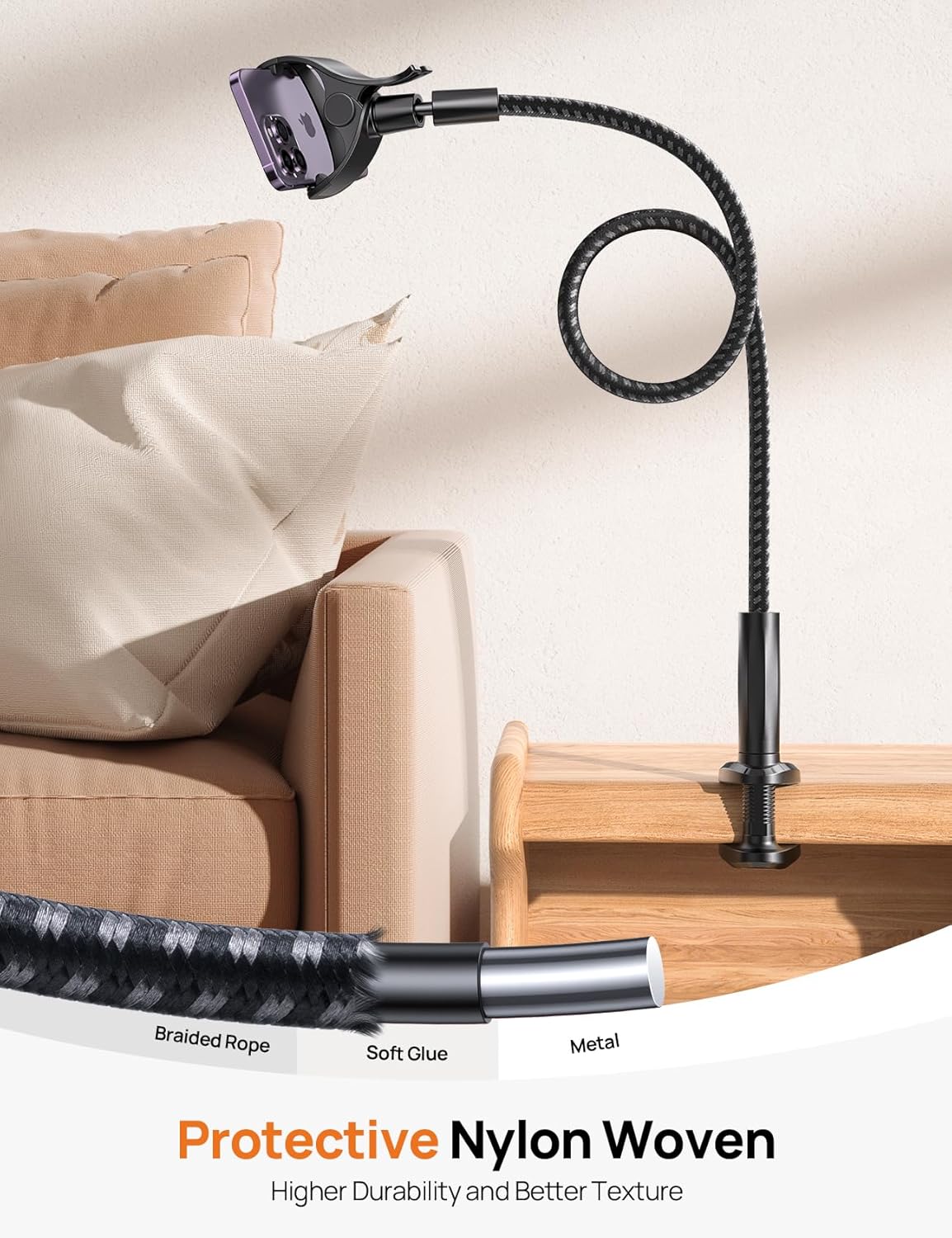 Aomiker [2025 38 360 15 14 13 12 11 4-7" Gooseneck Phone Holder for Bed - Upgrade Nylon Braid] Long Flexible Lazy Arm