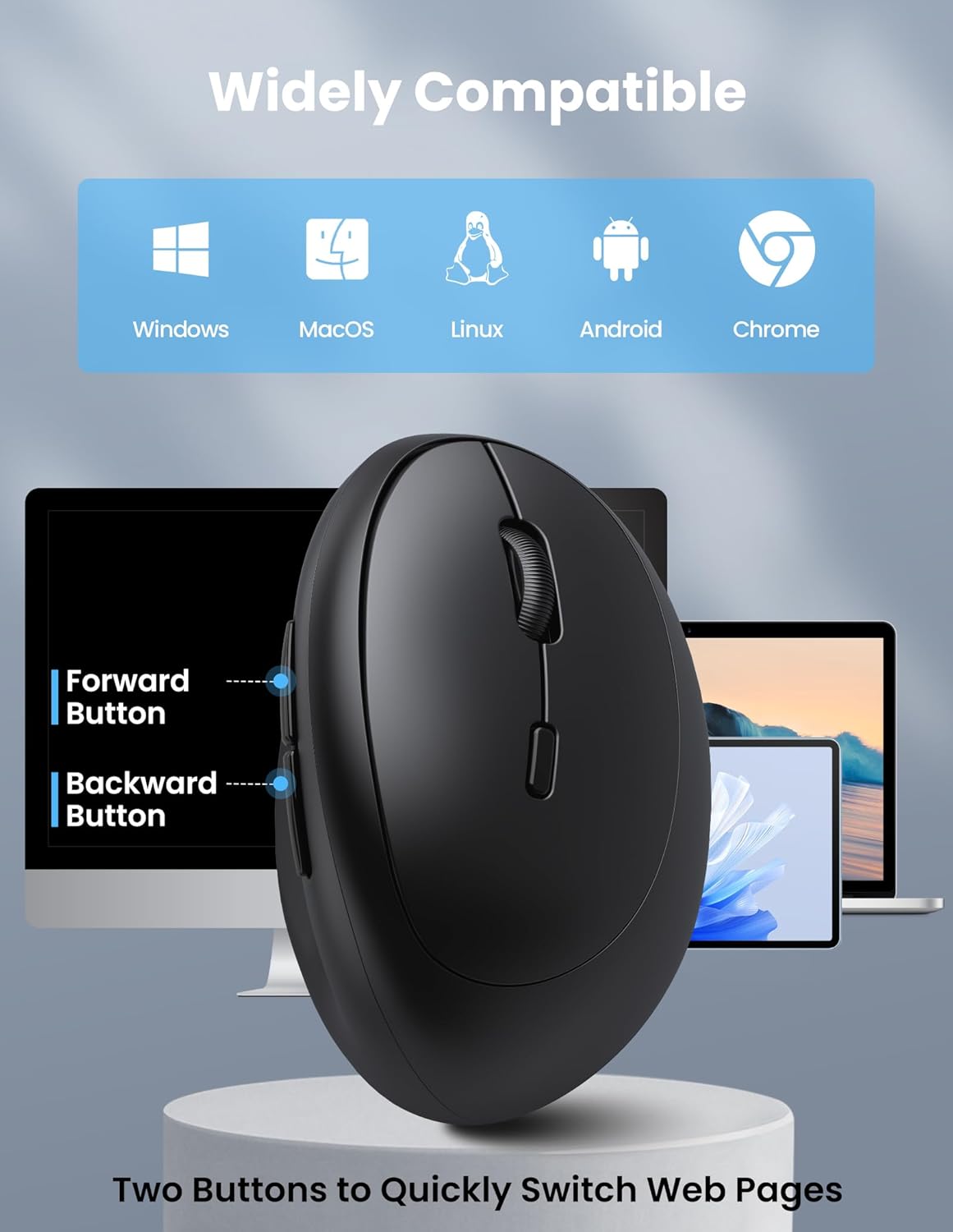 TECKNET 4800 BT5.0/3.0 2.4G Ergonomic Mouse, Bluetooth Wireless Vertical Mouse, Rechargeable Battery, Quiet Clicks, DPI