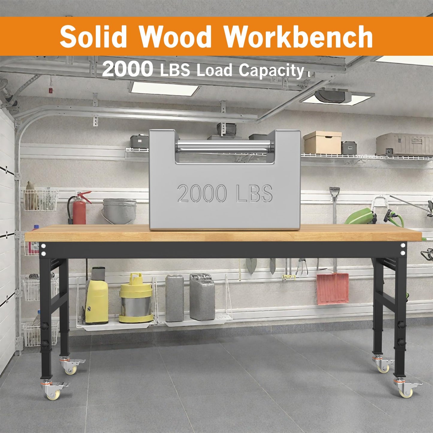 Pelnuies 70" Heavy Duty Solid Wood Work Bench with Pegboard, Adjustable Height Workbench with Wheels and Power Outlets, 2000 LBS Capacity Work Table for Garage, Workshop, Office, Home