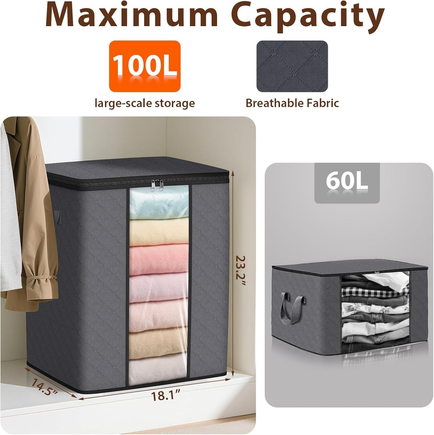 SpaceWhisper 100L Clothes Storage Bags - Foldable Thick Fabric Organizers for Bedroom & Closet | Grey 3-Pack