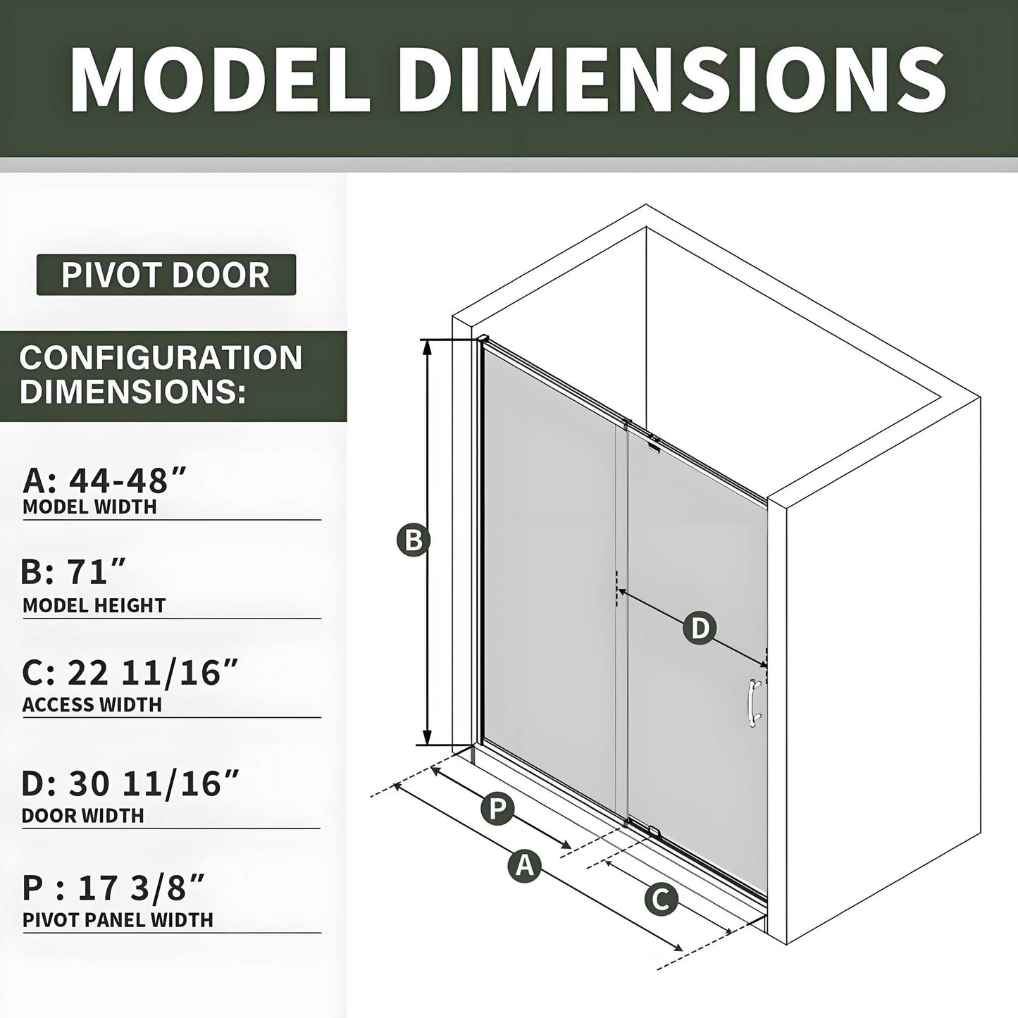 Rodkedc 44-48" W x 71" H Pivot Glass Shower Door,Grid Pattern,1/4"(6mm) Thick SGCC Tempered Shower Glass Door,Matte Black Shower Door,Reversible Installation