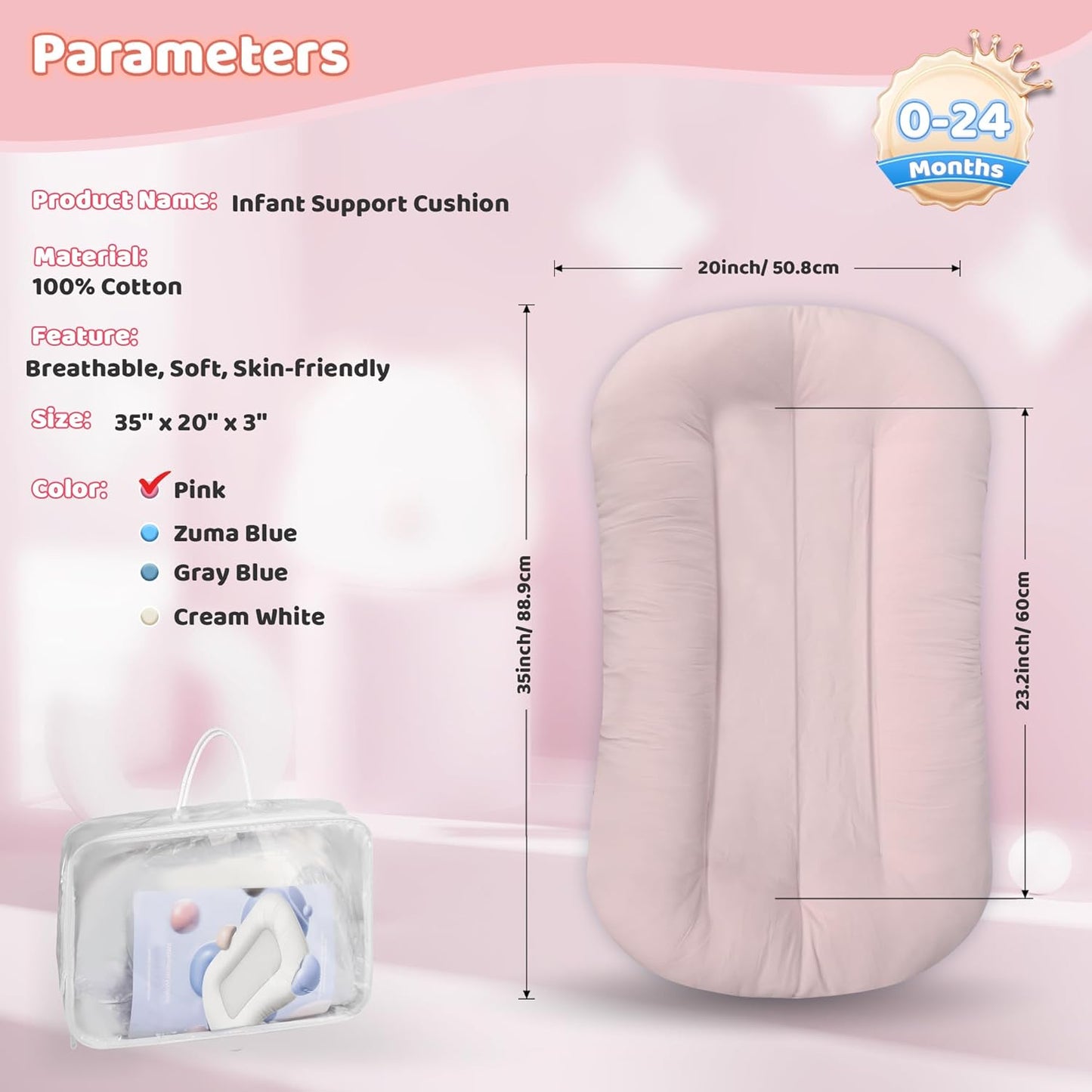 Skiennix Infant Support Cushion - Portable Tummy Time Mat for Newborns 0-24 Months, Soft Cotton, Pink