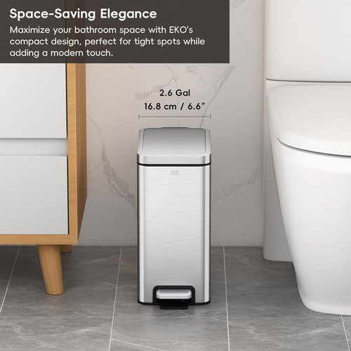 EKO Small Bathroom Trash Can - Soft Close Lid & Step Pedal | 10L Stainless Steel, Anti-Fingerprint Finish