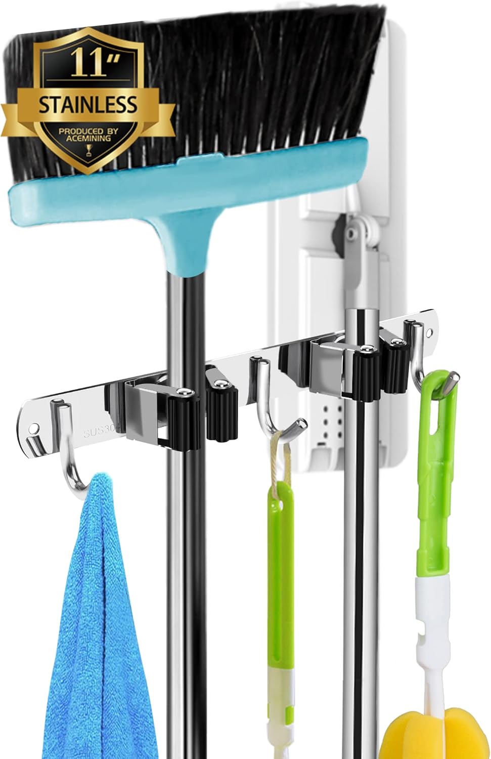 Skiennix Wall-Mounted Broom and Mop Holder - Heavy-Duty Stainless Steel Organizer with 2 Racks & 3 Hooks