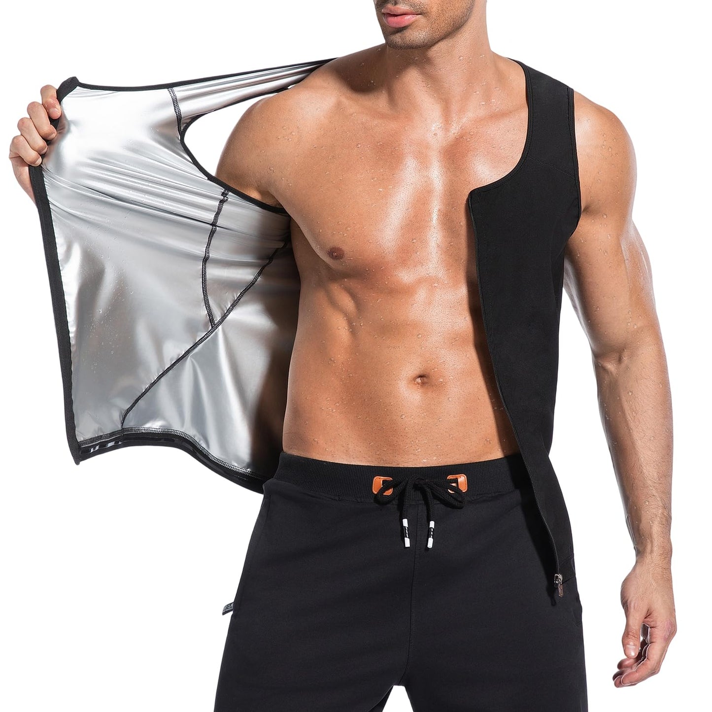 Meiosuns Sauna Sweat Vest for Men Weight Loss Sweat Waist Trainer Vest Compression Sleeveless Sauna Suit Men's Heat Trapping Tank Top Workout Enhancing Shirt Gym Shaper with Zipper (Silver, S/M)