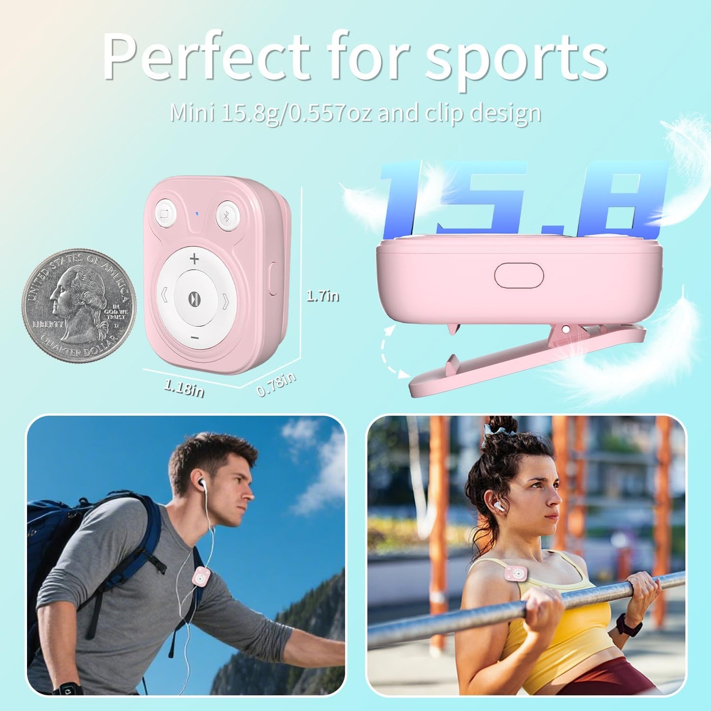 BEIGRAD 64GB MP3 5.3, Mp3 Mini Player with Bluetooth Portable Music Player with Sports Clip, Player