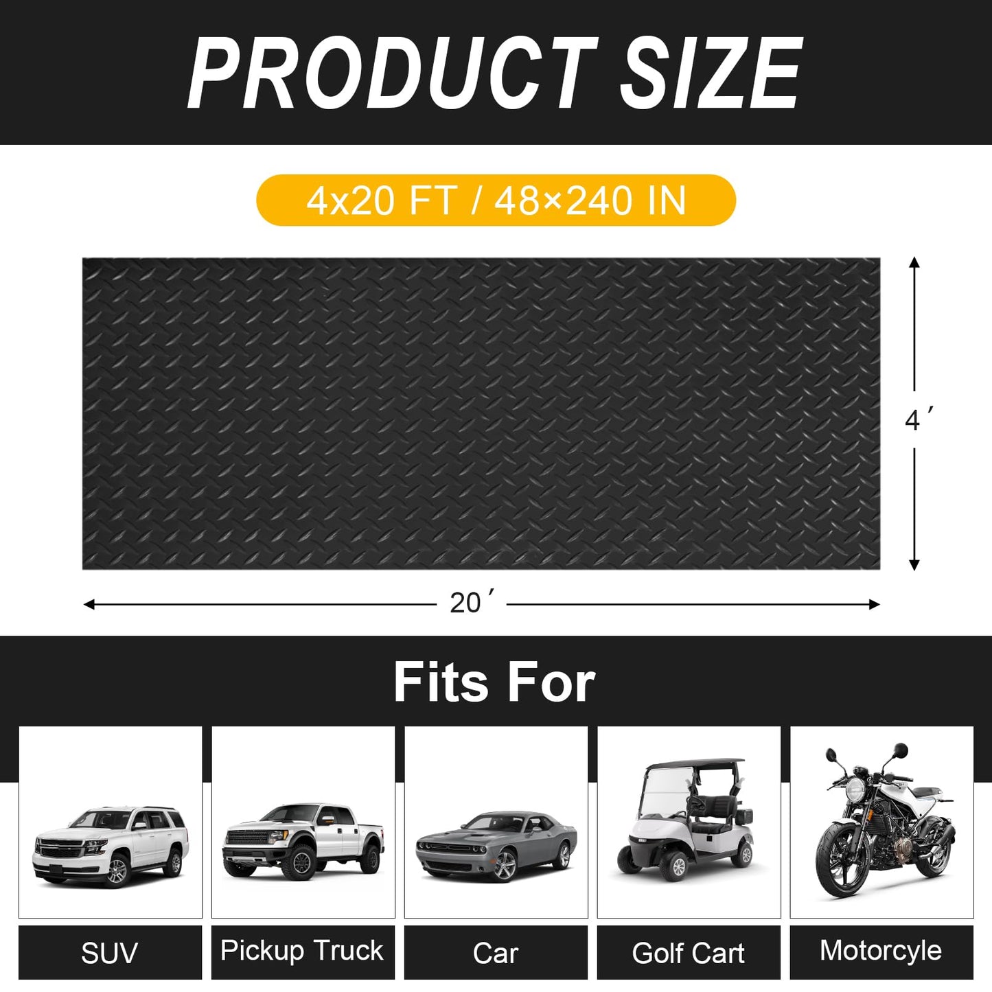 4x20FT Garage Floor Mat, 2.8mm Thickened Flooring Roll for Under Car, Golf Cart Parking Mat, Diamond Plate PVC Rubber Motorcycle Mat, Non-Slip Floor Protector for Garage Warehouse Trailer, Black