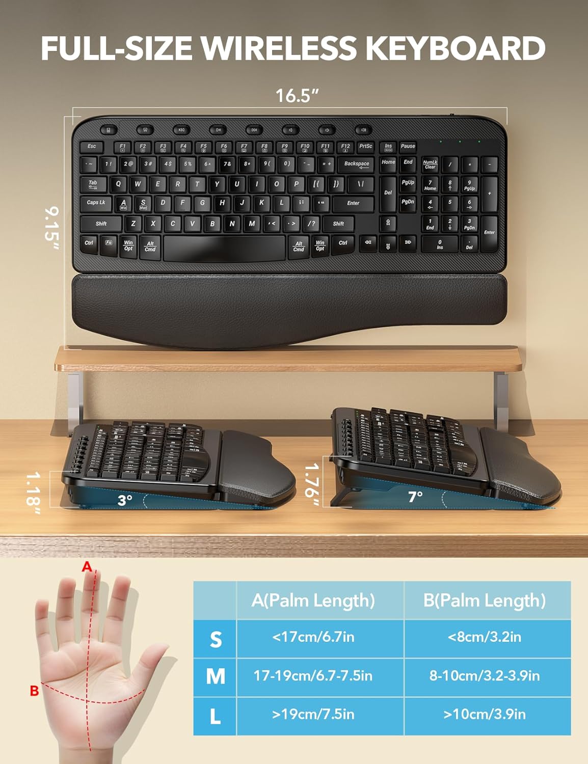 SABLUTE 2.4GHz Wireless Keyboard, Ergonomic Wave Keyboards with Cushioned Wrist Rest, USB Computer Wave Key Board