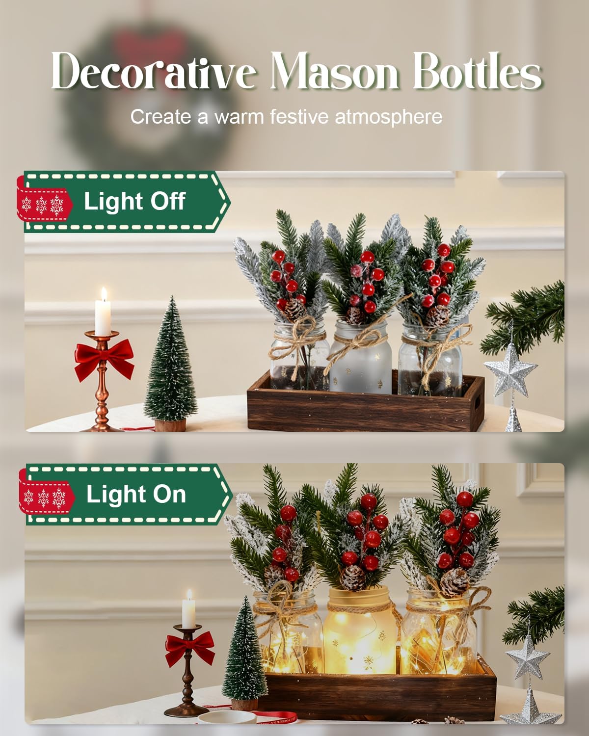 Skiennix Christmas Mason Jars - Decorative Tiered Tray with Wood Tray & Artificial Flowers | Holiday Centerpiece Decor