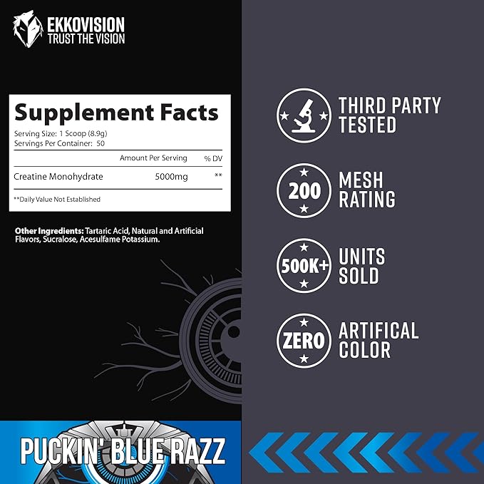 Ekkovision Creatine Monohydrate Powder, Micronized, Puckin' Blue Razz, Pre Workout & Post Workout Supplement for Men & Women, Energy Support, Easy to Mix in Shakes, Smoothies & Beverages, 50 Servings