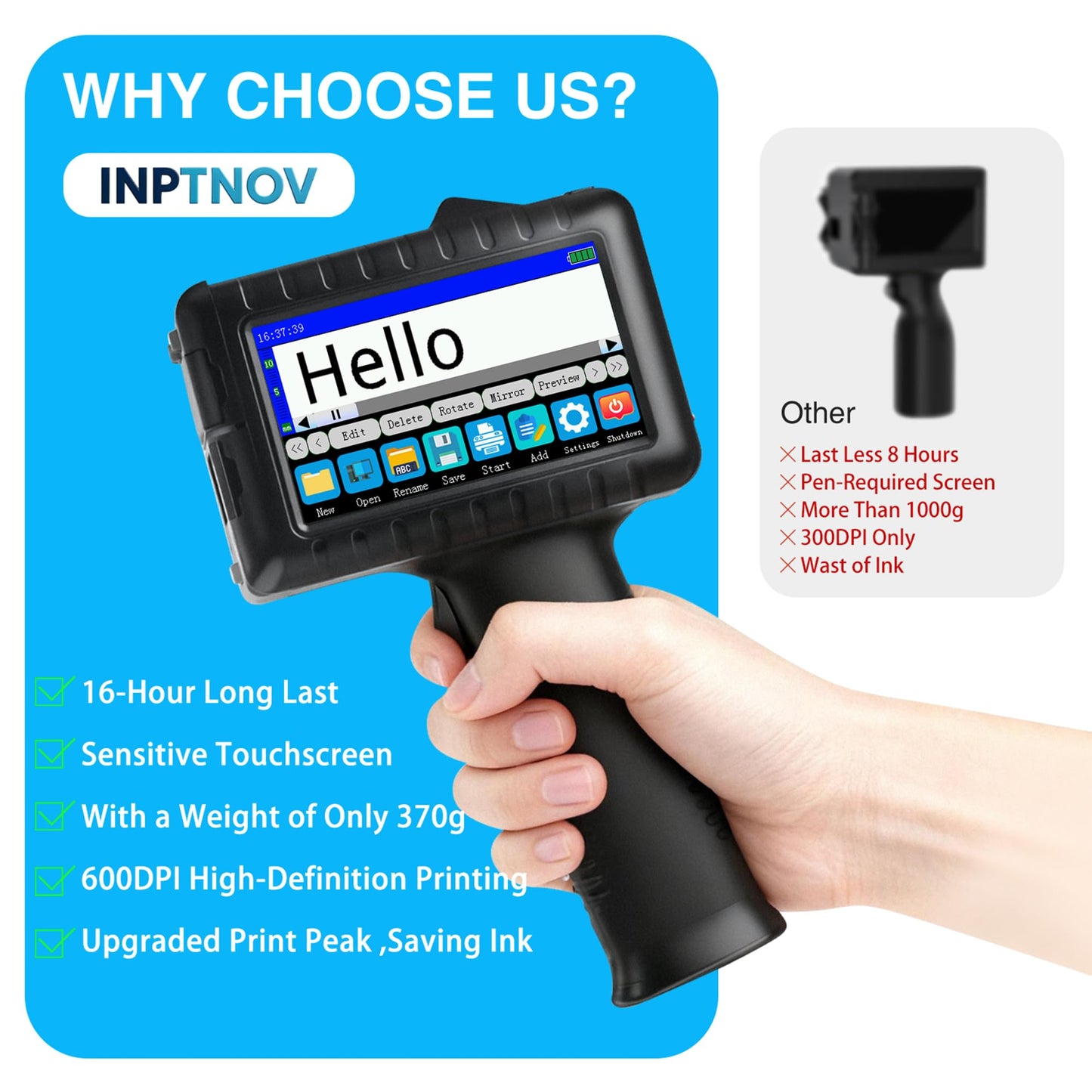 INPTNOV Handheld Inkjet Printer for Logo Batch Number Expiration Date Barcode Serial Number on Anything Glass Farbic Wood Plastic Cardboard Metal Clothes,42ml Fast Dry Ink,Last 16H,0.5 Inch Nozzle