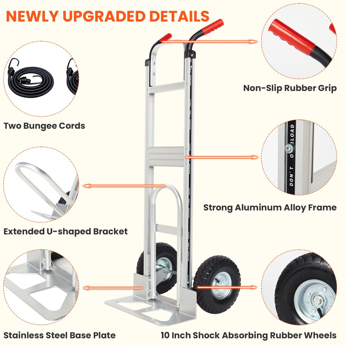 Aluminum Hand Truck Dolly Cart with 10" Pneumatic Tire,Hand Trucks Heavy Duty 600 LBS Capacity,Platform Hand Cart for Transport & Moving in Warehouse, Home, Supermarket