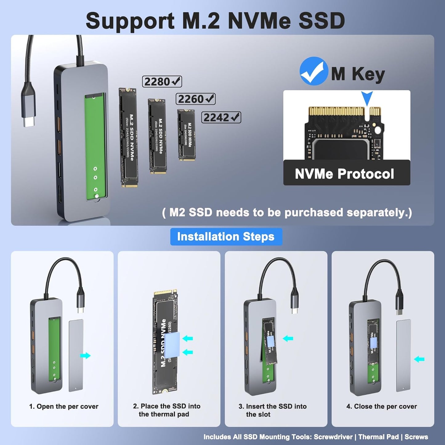 Buerlaseul M.2 10Gbps, 9 1 4K@60Hz 3.2 Gen2, PD100W, USB C Docking Station with NVMe SSD Enclosure in USB-C Hub, Type C