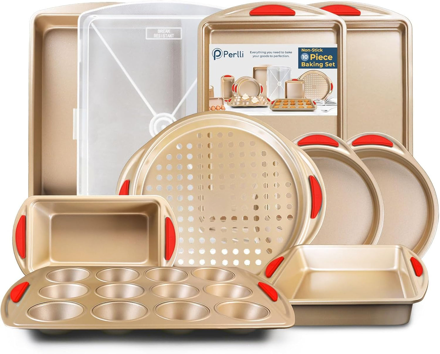 Perlli 10-Piece Baking Set - Nonstick Gold Steel Bakeware with Silicone Handles | Includes Cookie Sheets, Cake Pans, and More