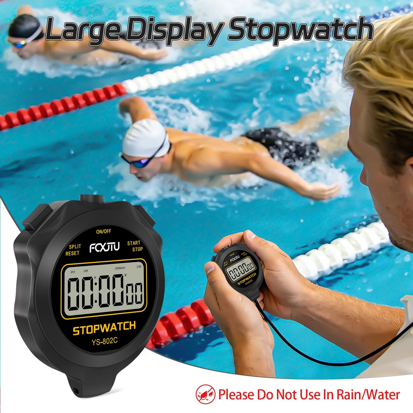 FCXJTU Simple Digital Sports Stopwatch Timer, No Bells, No Clock, No Alarm, Simple Basic Operation, Silent, ON/Off, Pure Stopwatch for Swimming Running Training Kids Coaches Referees Teachers (Black)