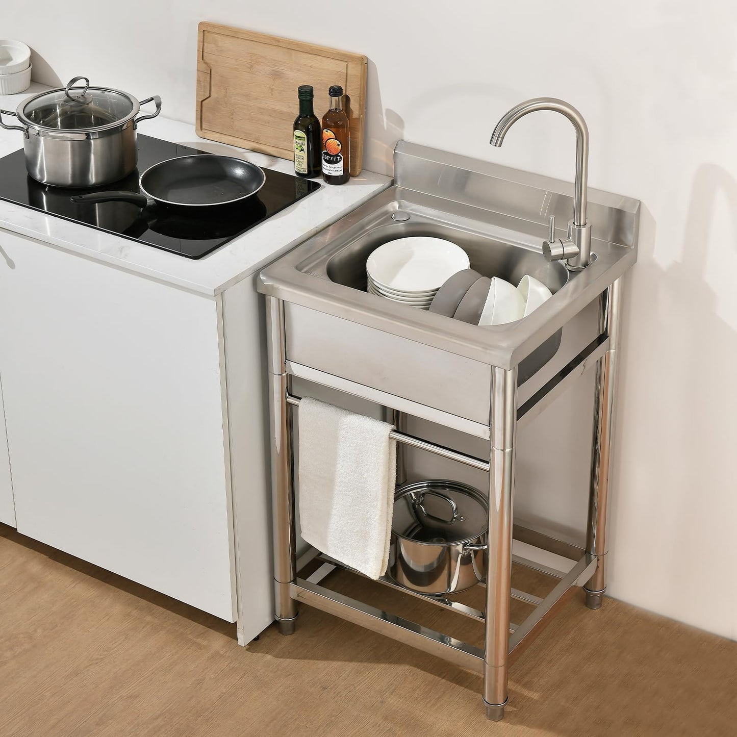Bokaiya Stainless Steel Utility Sink, Free Standing Small Stainless Steel Sink with Faucet Laundry Room Sink 16 Gauge Single Bowl Outdoor Commercial Garage Sink (19"D x 23"W x 38"H)