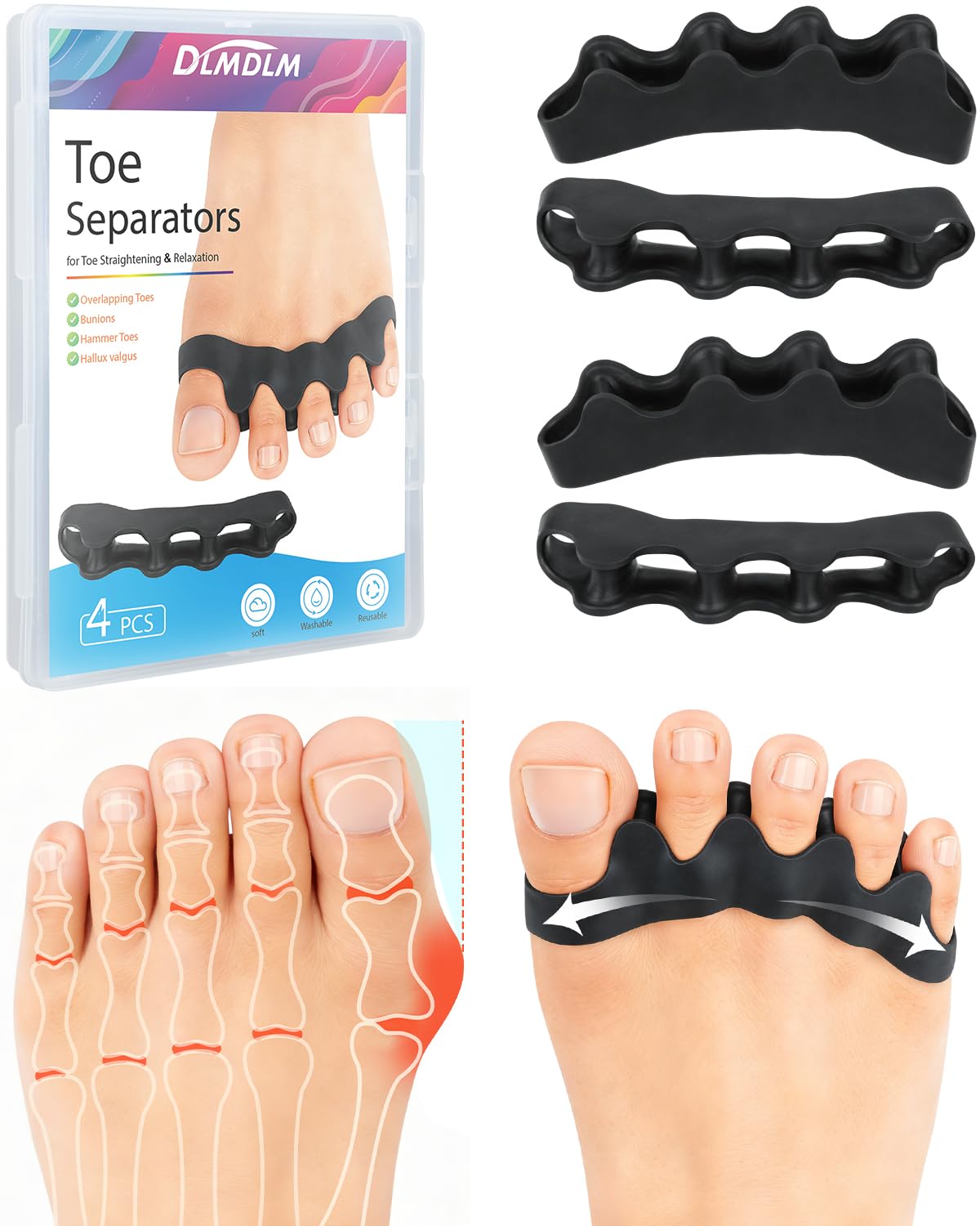 DLMDLM 4PCS Silicone Toe Separators to Correct Toes Alignment for Women and Men, Toe Spacers Straightener for Bunion Relief, Hammertoes and Overlapping Toes (Large)