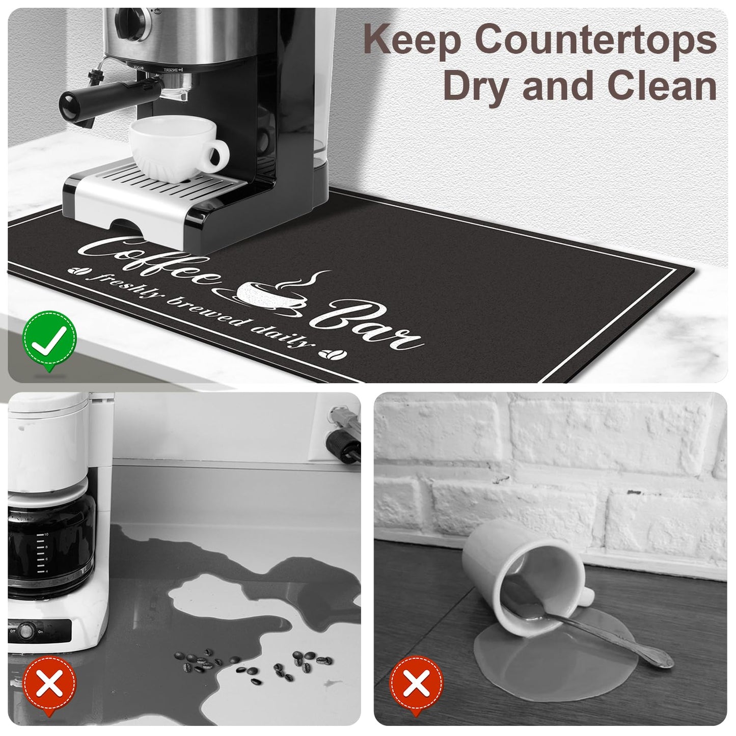 CooRug Absorbent Coffee Mat, Fashion Dish Drying Mat for Kitchen Counter Coffee Bar Accessories Espresso Machine Dish Rack 16" x 24" Black