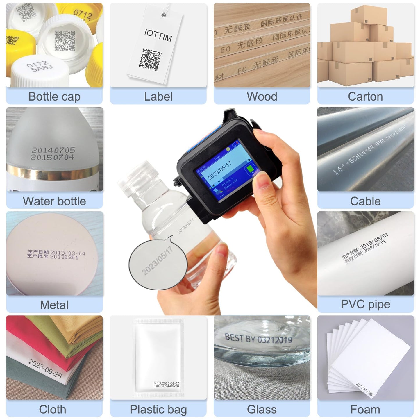 iottim Upgraded Mini Inkjet Printer for All Materials, Fast-Drying SolventInk Cartridge & 28 Languages, Inkjet Coding Machine for Code Date Label Industry Design House Usage