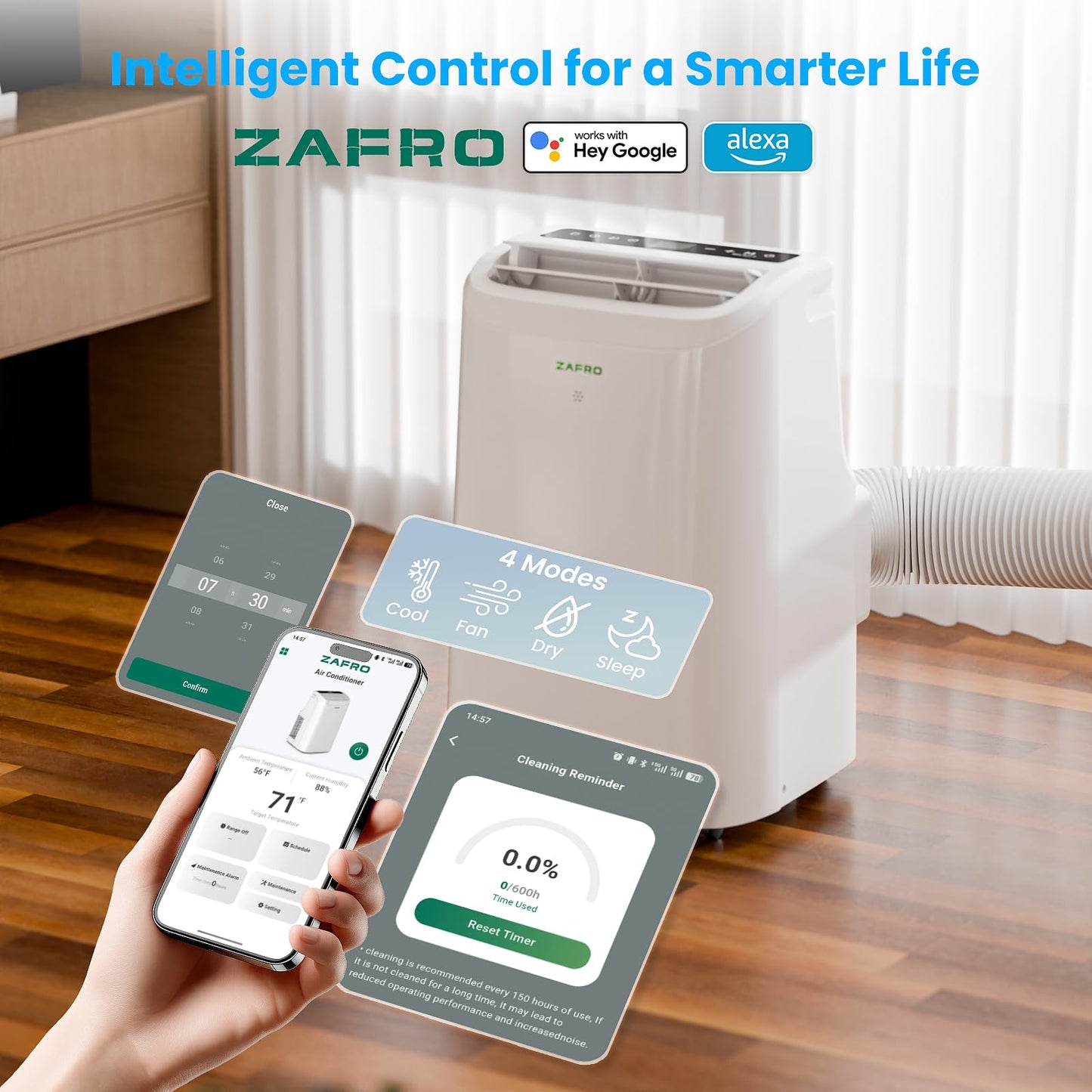 ZAFRO Smart Portable Air Conditioners, 10000 BTU (6000 BTU SACC), Portable AC Unit with Drainage-free Cooling, Fan & Dehumidifier with APP/Remote, Window Kit, 47dB Quiet for Living Room, Bedroom