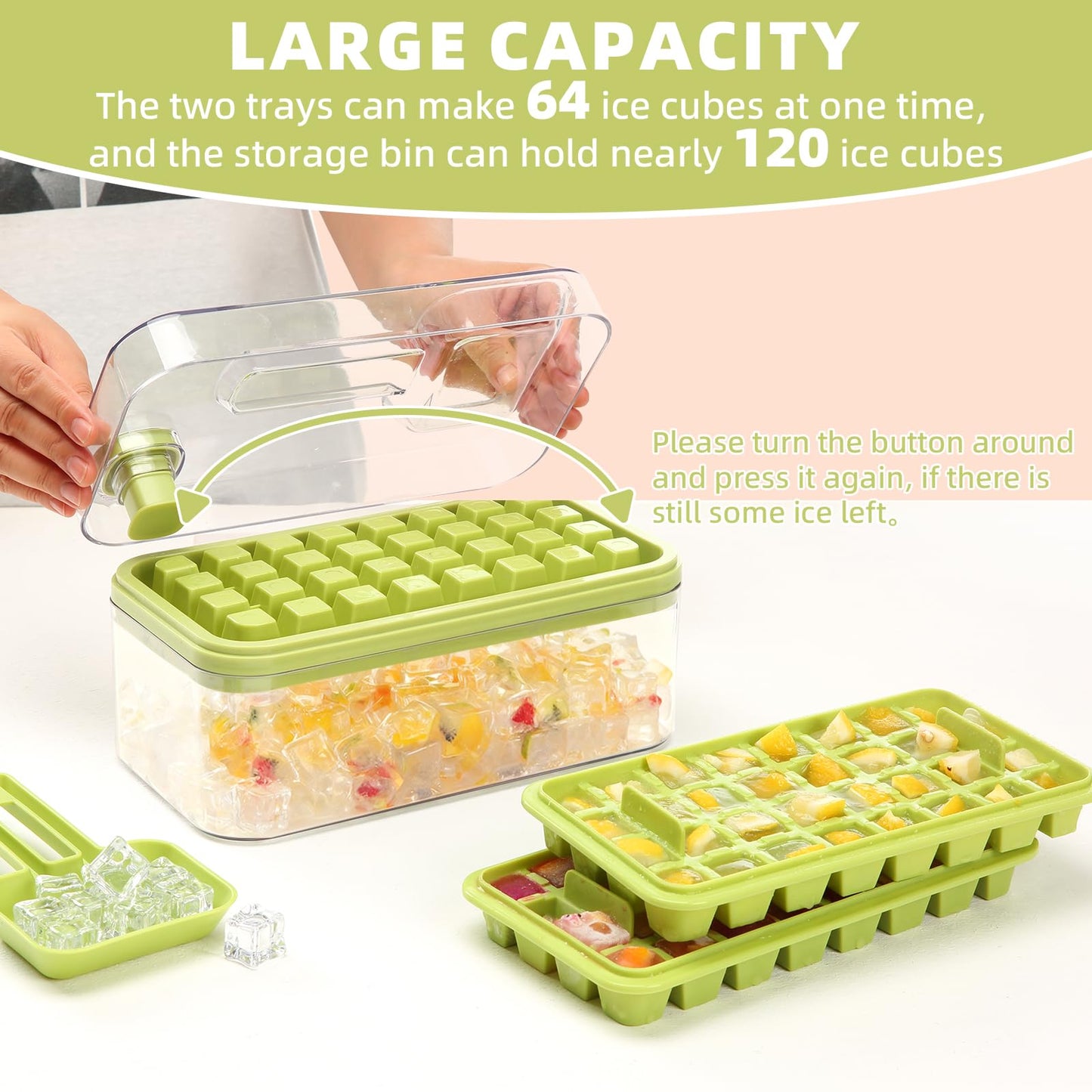 EuChoiz Ice Cube Tray with Lid Press Easy Release, Scoop and Bin Ice Trays for Freezer, Making 64 pcs Ice Cubes for Chilling Cocktail Whiskey Coffee Include 2 Trays and Storage Container, BPA Free