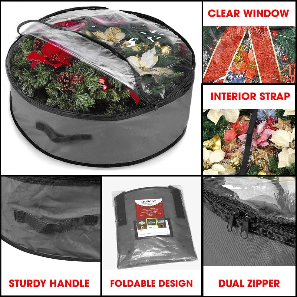 Primode Christmas Wreath Storage Bag 30" - Durable 600D Oxford Container with Clear Top Window for Easy Holiday Storage | Gray