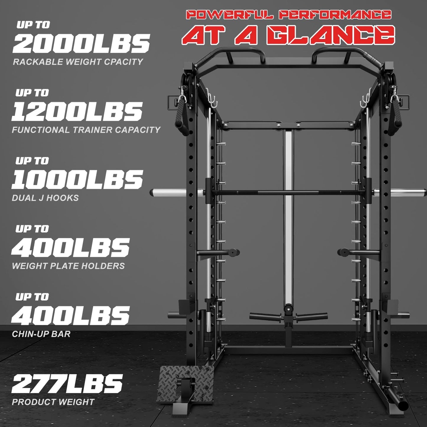 Goimu S1-V4 Smith Machine, 2000LBS Power Cage with Cable Crossover System, All-in-One Squat Rack with Smith Bar, Strength Training Equipment for Hone Gym (Black Smith Machine S1)