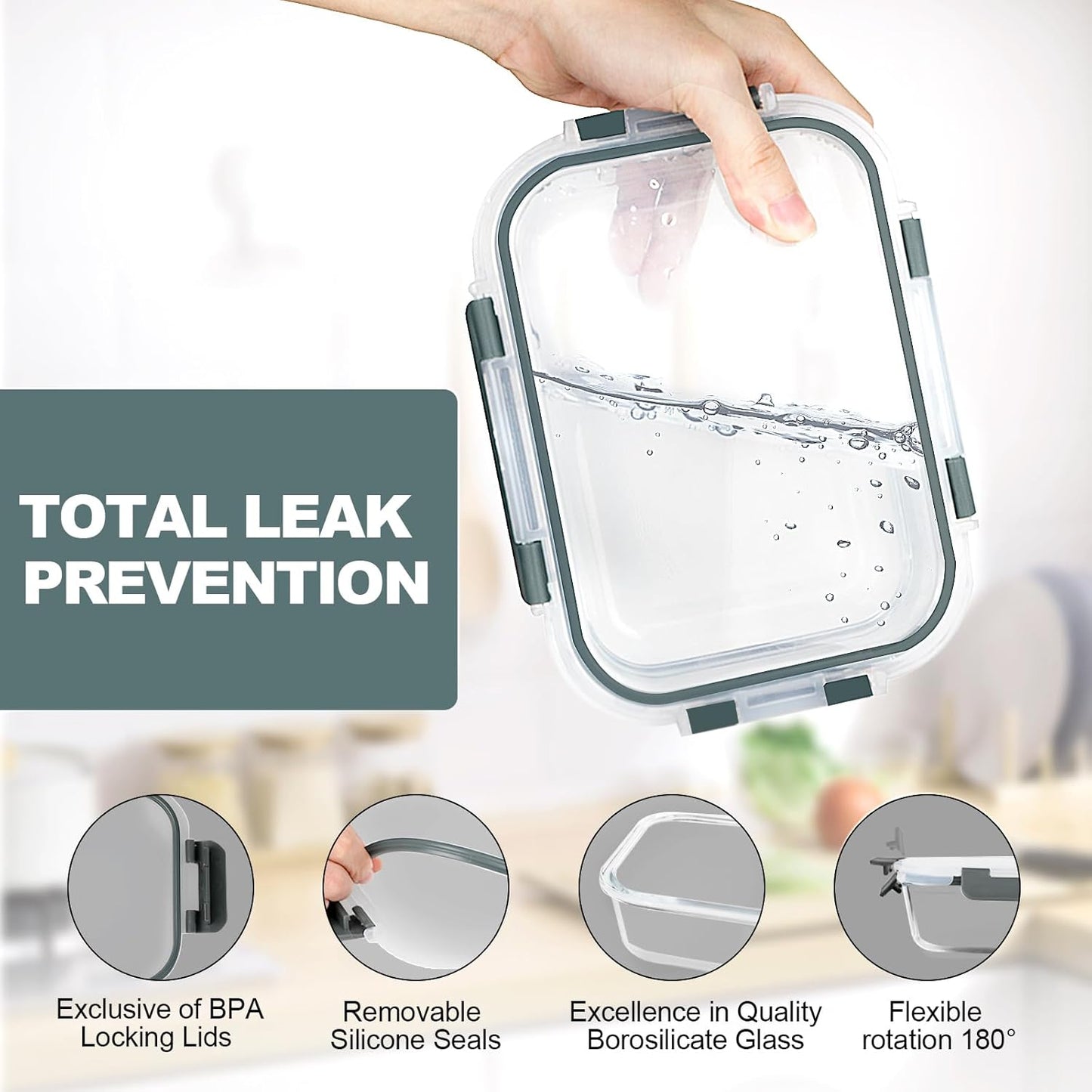 VERONES Glass Meal Prep Containers - 10 Pack Airtight Storage Set with Lids | BPA-Free, Stackable, Microwave & Oven Safe, Grey