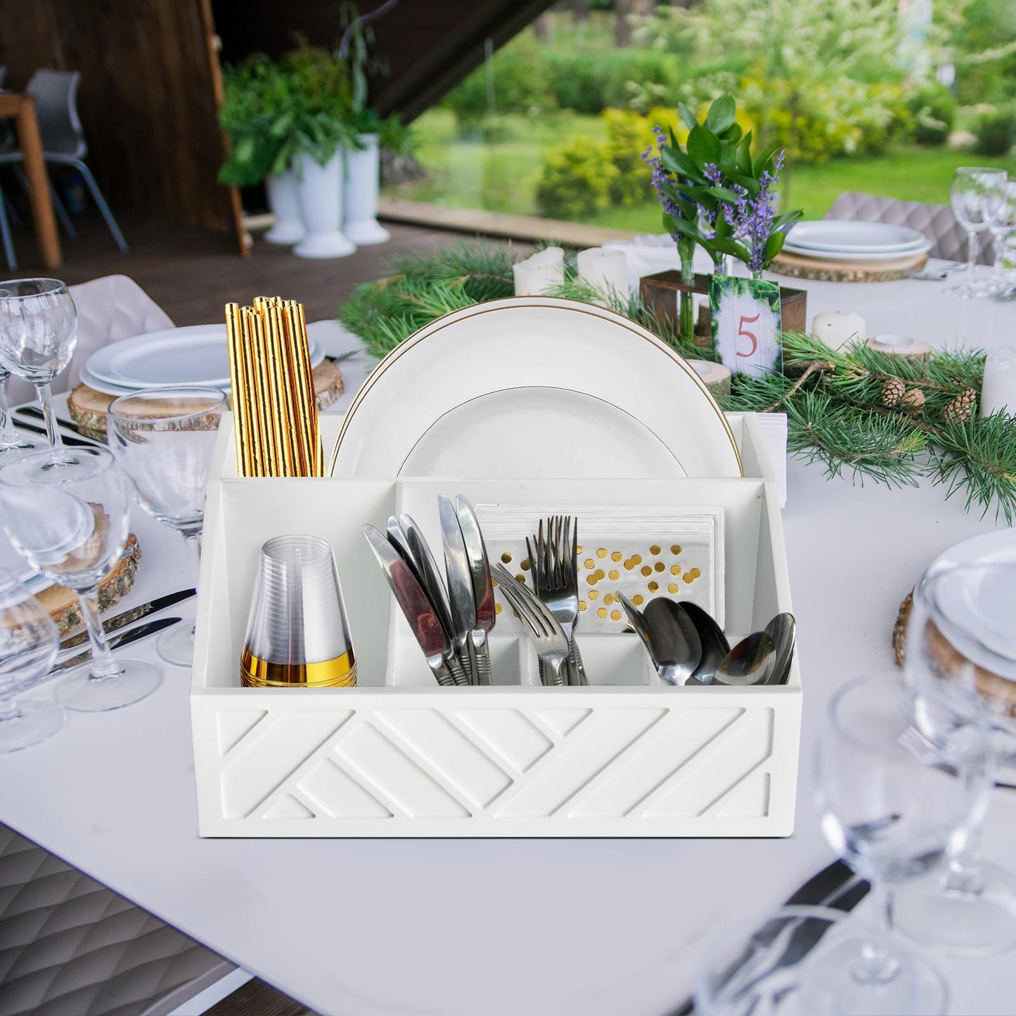 Ukonvi Paper Plate Dispenser, Paper Plate Holder for Kitchen Counter, Wood Rustic Silverware Utensil Caddy, Cutlery Flatware Organizer Box for Cups Spoons Forks Plates Napkins, Kitchen Accessories