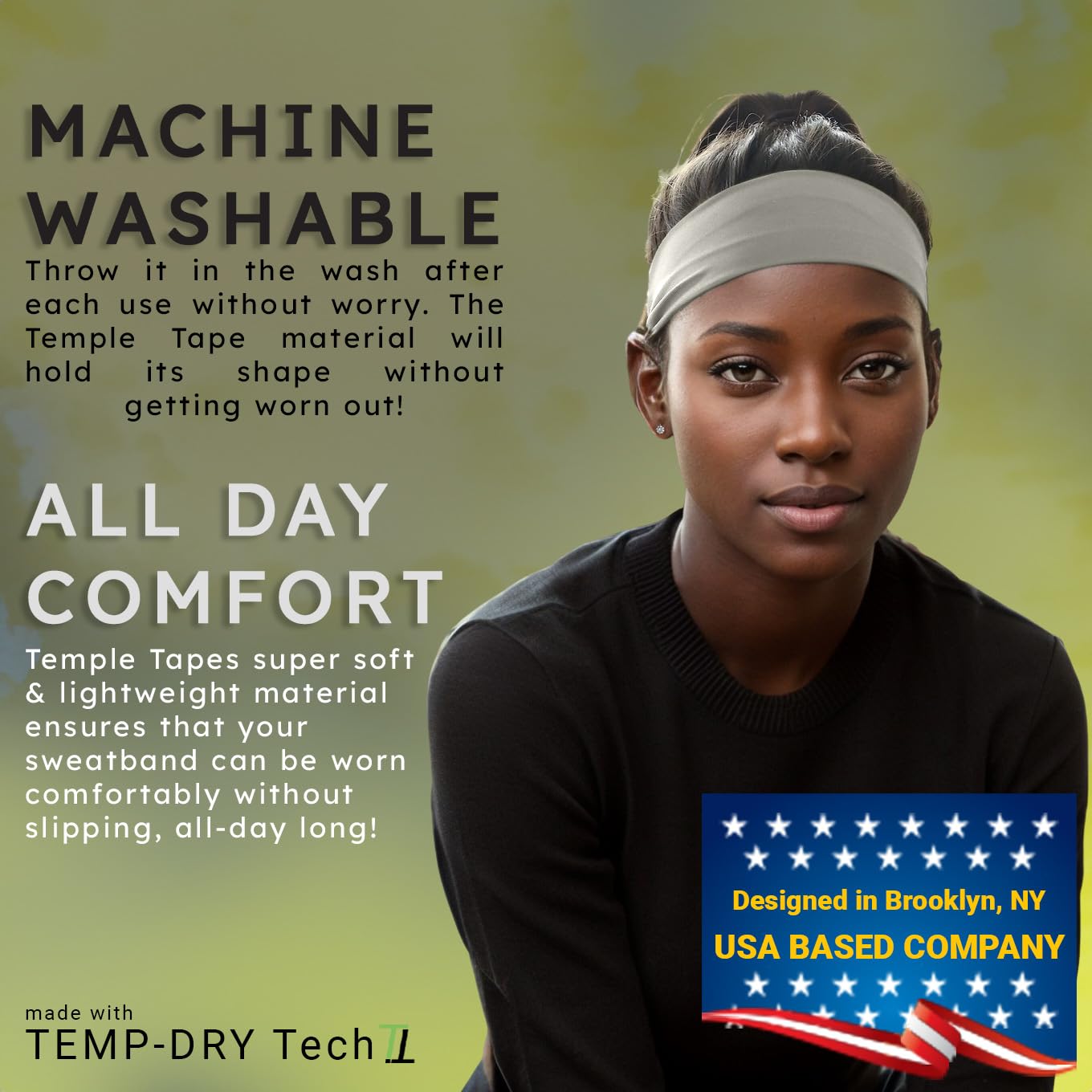 Temple Tape, Value 2-Pack, Mens Headband - Guys Sports Headbands Moisture Wicking Workout Sweatbands for Running, Cross Training, Skiing and Bike Helmet Friendly - 1-Black & 1-Gray Sweatband