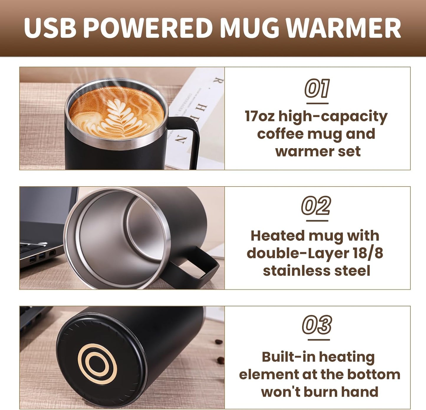 YIMUBREEZ 10Hrs Set (17oz-Black) Smart Temperature Control Coffee Mug for Desk,Heated Cup with Auto Shut Off, USB