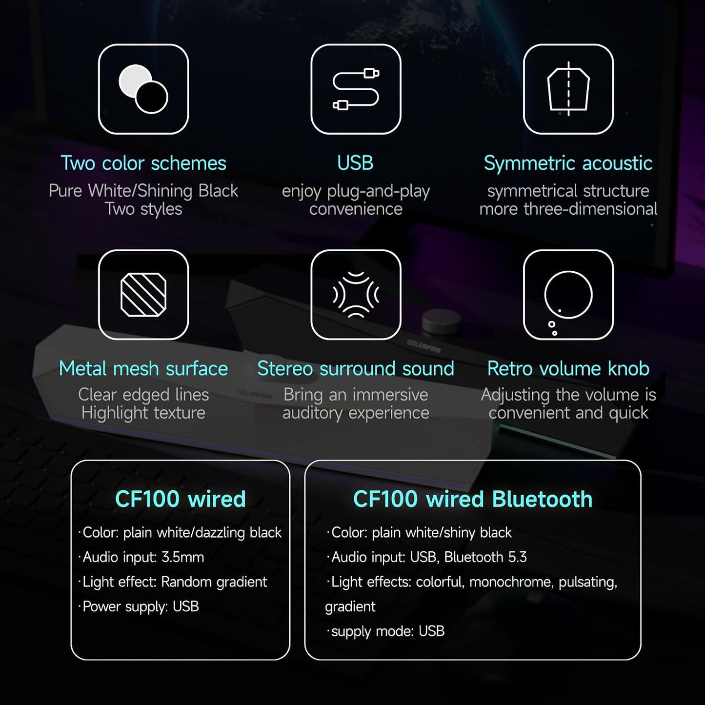 Colorful 3.5mm Gaming Soundbar,Computer SoundBar for PC,USB Speakers,RGB Touch Lights,USB-C/A Powered Input, Compact