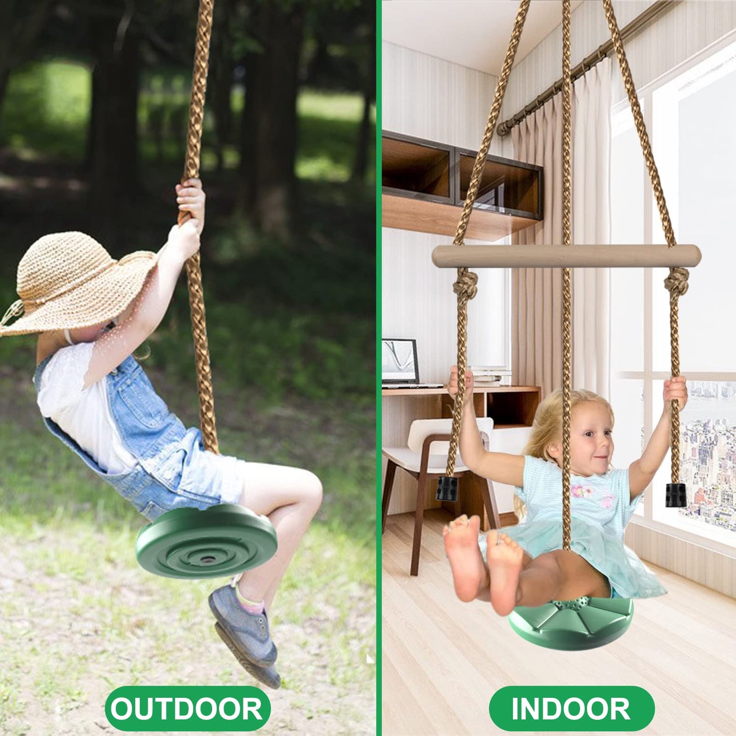 KINSPORY Disc Swing for Kids, Swing Set Accessories, 7FT Height Adjustable Gym Monkey Bars, Hanging Tree Seat for Backyard, Outdoor Play Equipment - Green