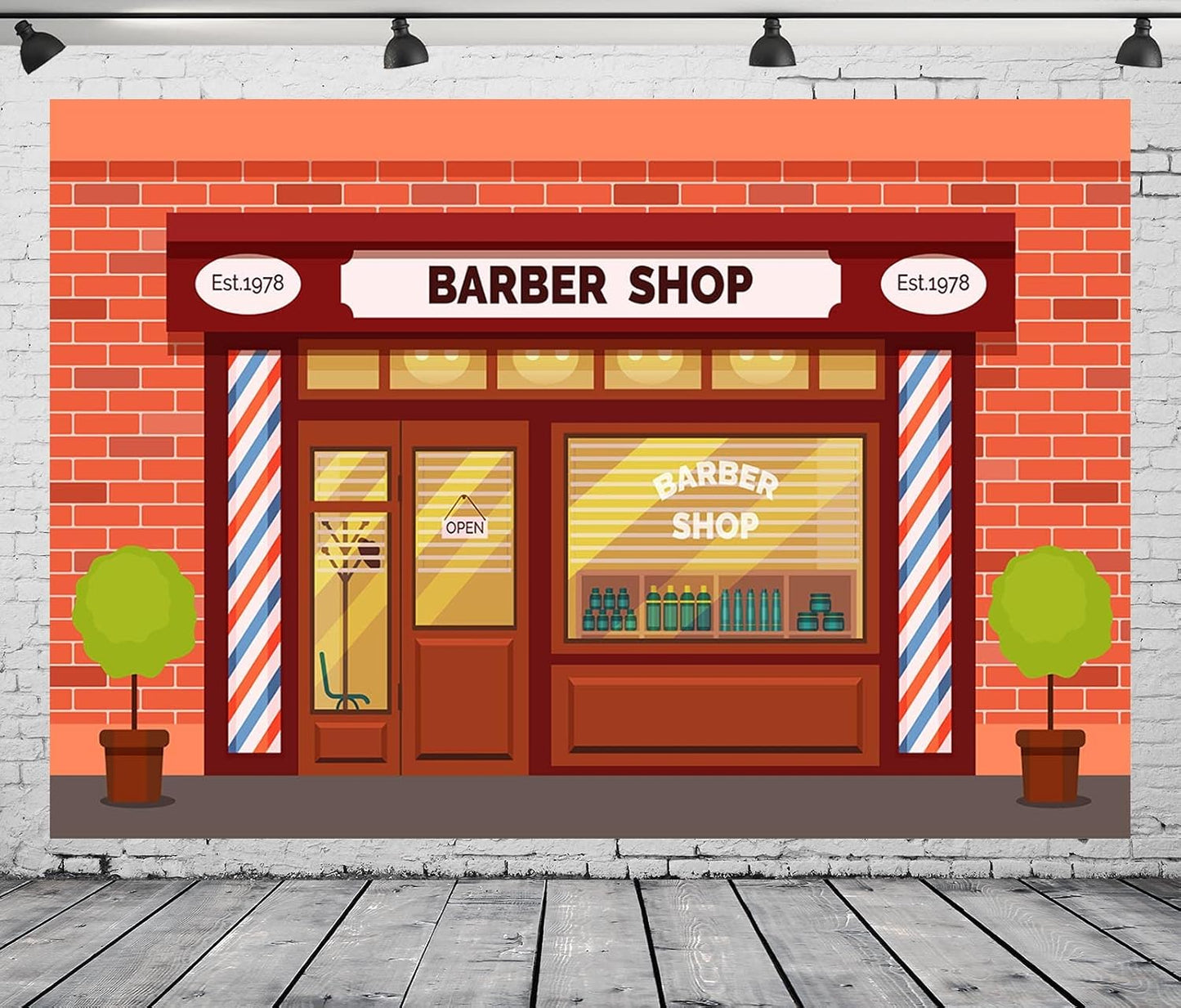 BELECO 5x3ft Fabric Cartoon Barber Shop Backdrop for Photography Red Brick Wall Hair Salon Hairstylist Haircut