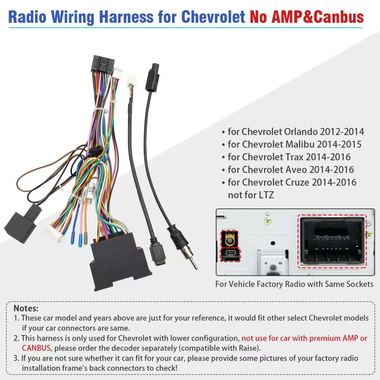 44Pin Orlando,16Pin Radio Wiring Harness Kit Replacement for Chevrolet Malibu Trax Cruze Aveo ISO Android Stereo