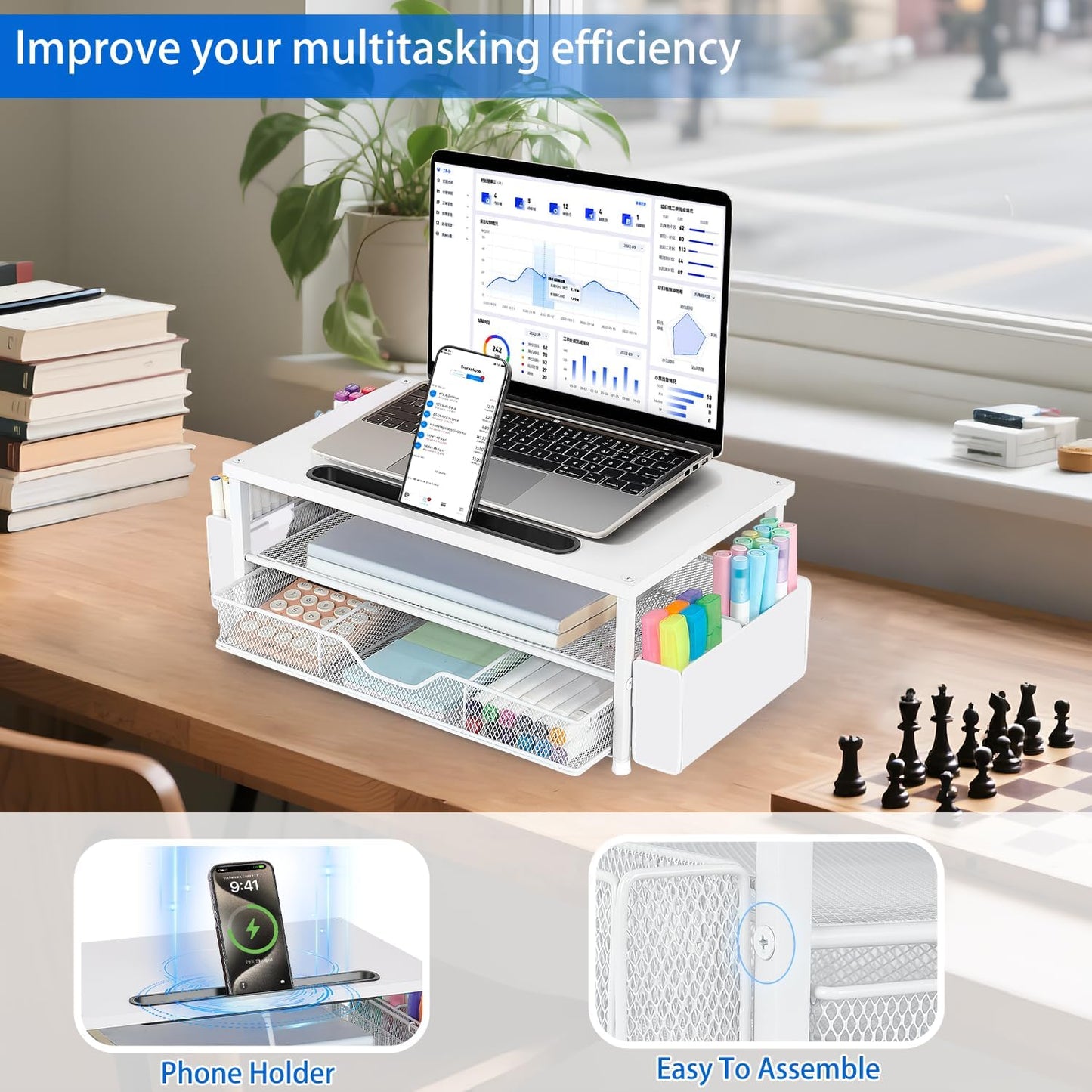 2-Tier AUPSEN White Monitor Stand Riser, Wood Computer Desk Organizer with Drawer, Pen Storage & Phone Holder, Office