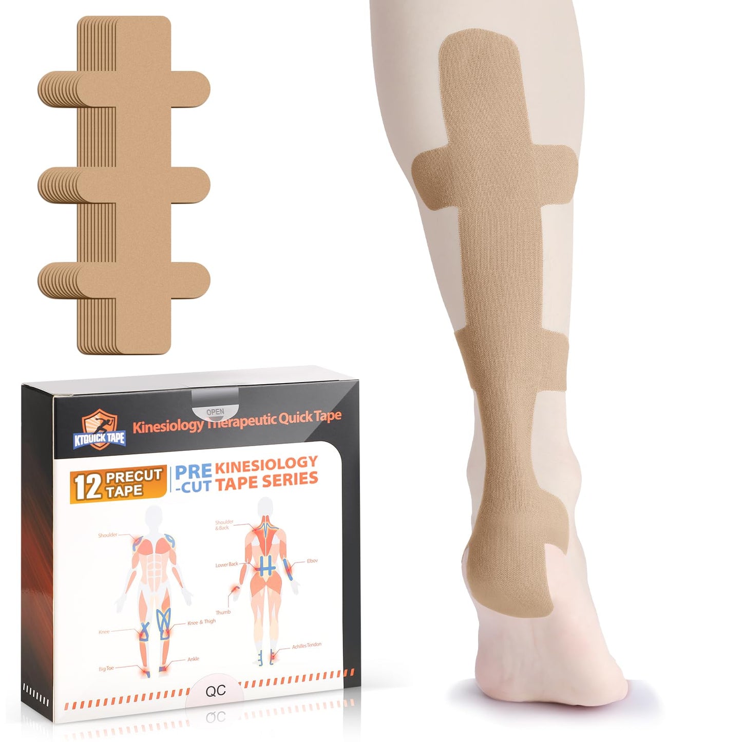 Kinesiology Tape for Achilles Tendon, KTQUICK 12 Count Achilles Tendon Tape Precut, Original Cotton Waterproof&Breathable, Enhance Elastic Kinesiology Athletic Tape for Achilles&Muscle Support(Beige)
