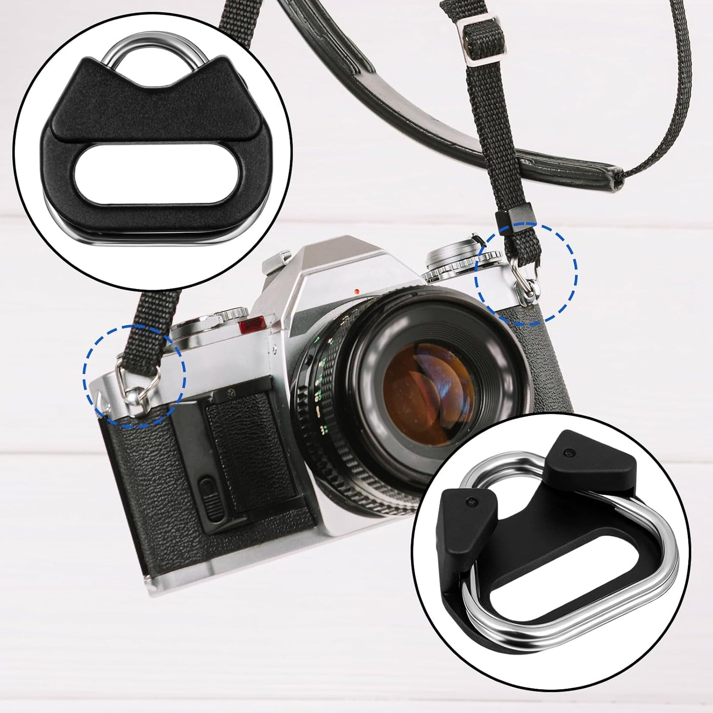 Yuomeaz 6 Pcs Stainless Steel Camera Strap Ring, Camera Strap Triangle Split Ring with Plastic Cap, Cameras Lanyard