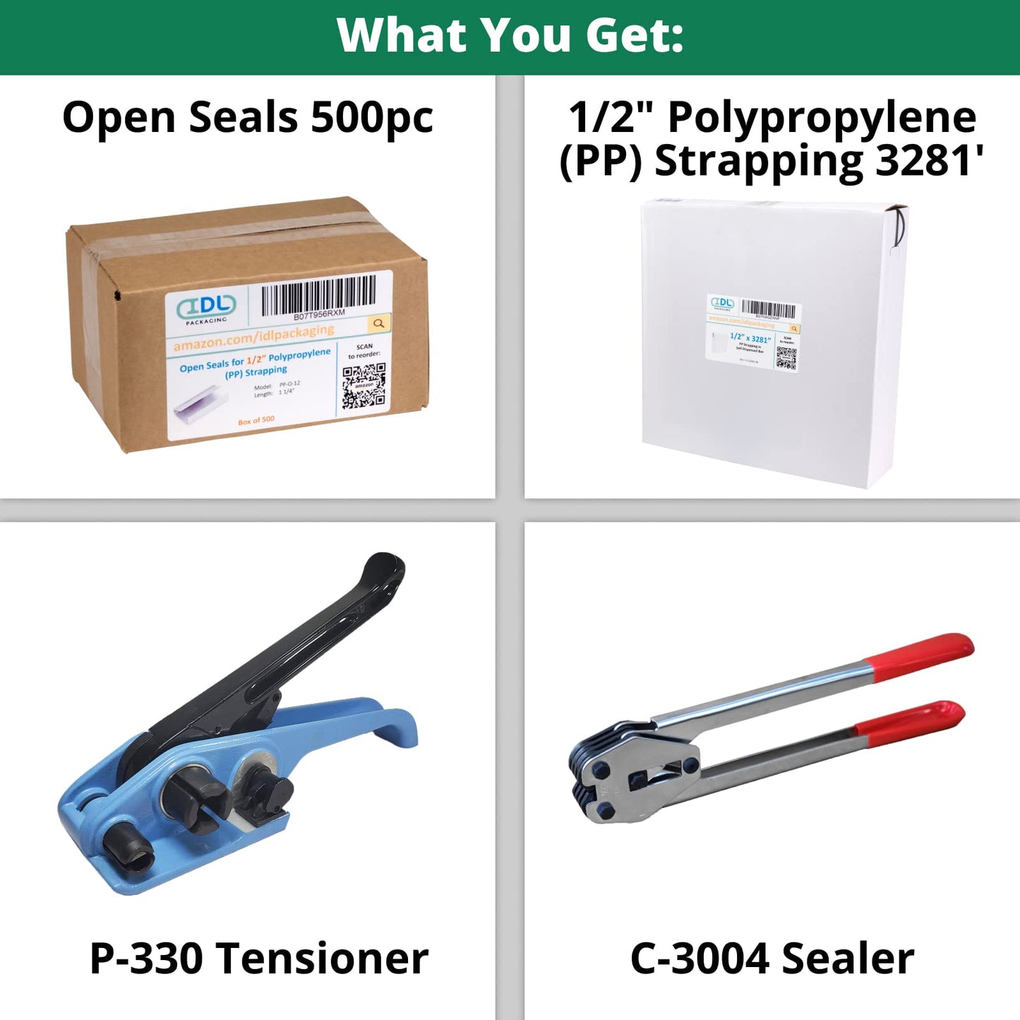 IDL Packaging Portable 1/2" x 3281' Polypropylene (PP) Strapping Kit, 300 lbs Break Strength – Packaging Poly Strapping Solution – Enough Strapping and Seals for 500 Uses Before Refill