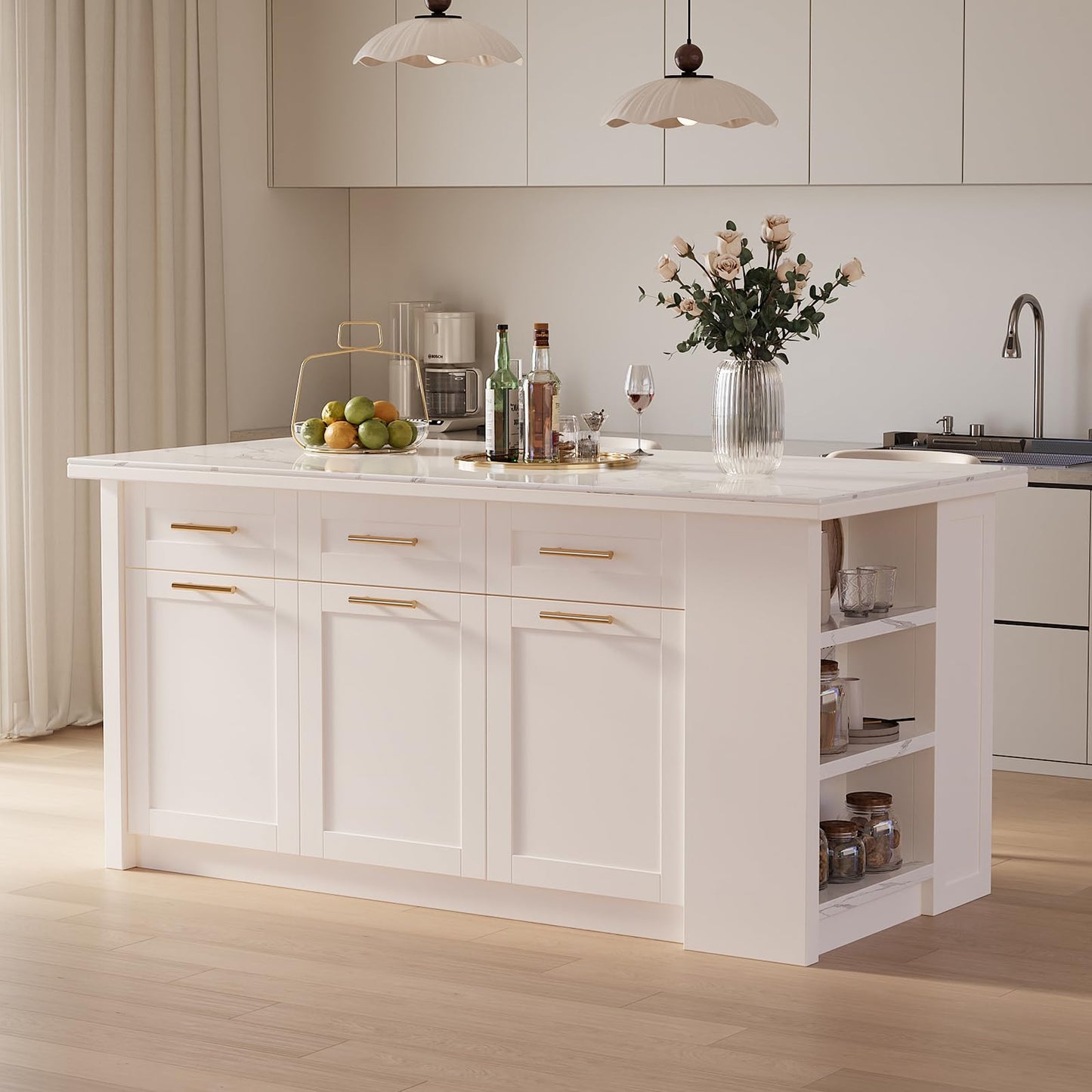 homary Kitchen Island with Stools,71" White Kitchen Island with Seating,Sintered Stone Top & Drawers,Freestanding Multifunctional Island Table with 2 Chairs