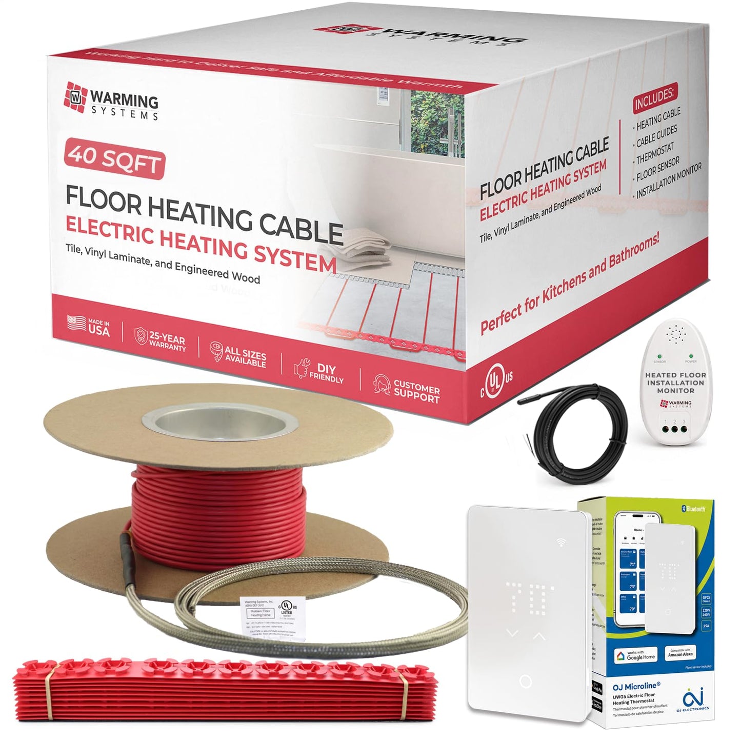 Warming Systems - 40 Sqft Electric Radiant Floor Heating Cable Kit – 120V Heated Tile Floor System with UWG5 Programmable Thermostat, Sensor, Installation Monitor & 25 Year Warranty, Made in the USA
