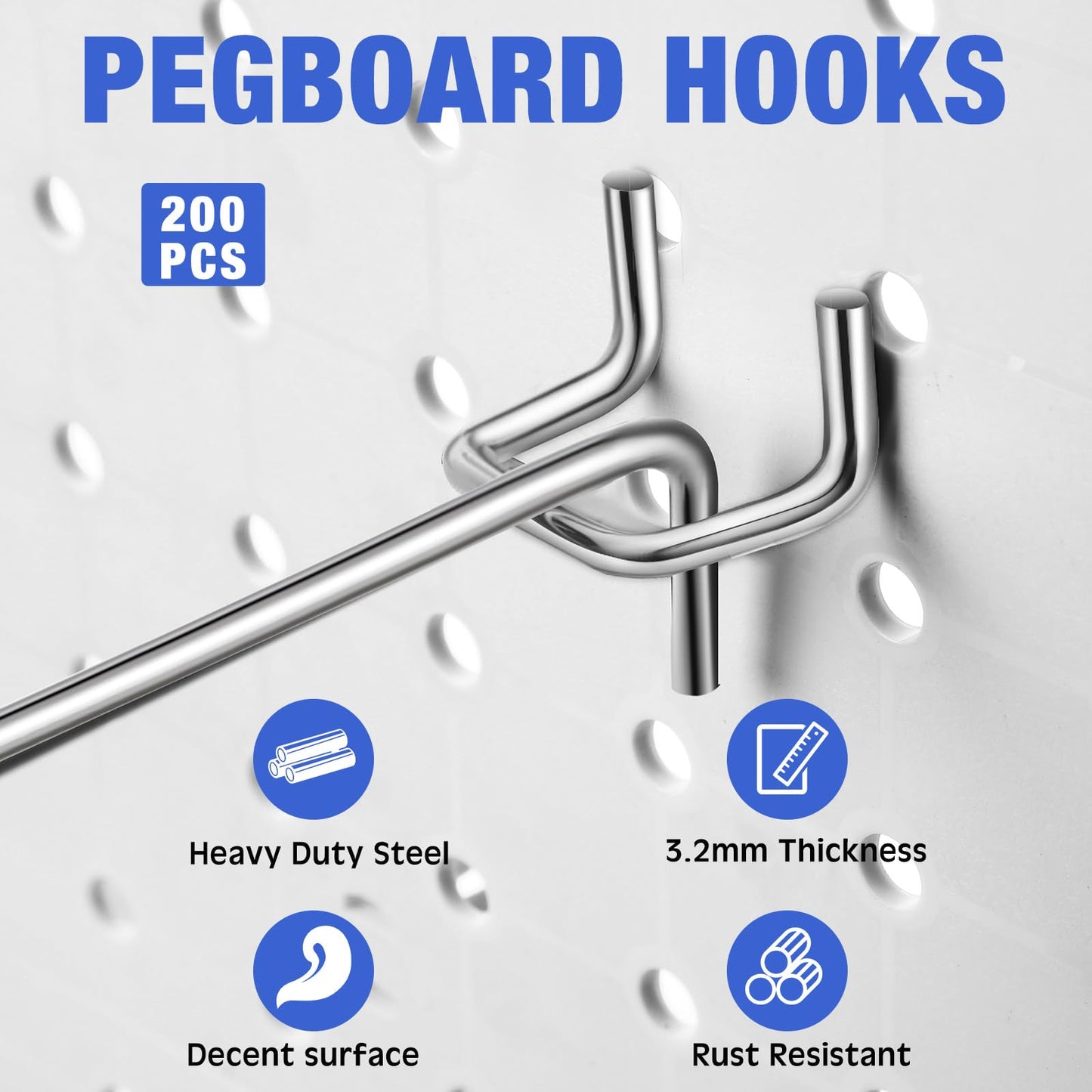 Tatuo 200 Pcs Pegboard Hooks Galvanized Metal Pegs with Rubber Tip Fit 1/4" 1/8" for Garage Store Wall Tool Organization Display(4 Inch)