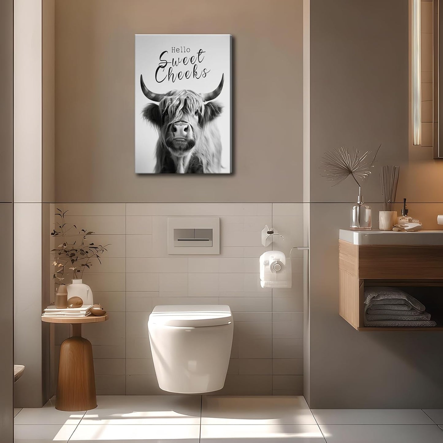 Skiennix Funny Highland Cow Wall Art - Black & White Bathroom Decor | 16x24in Framed Print