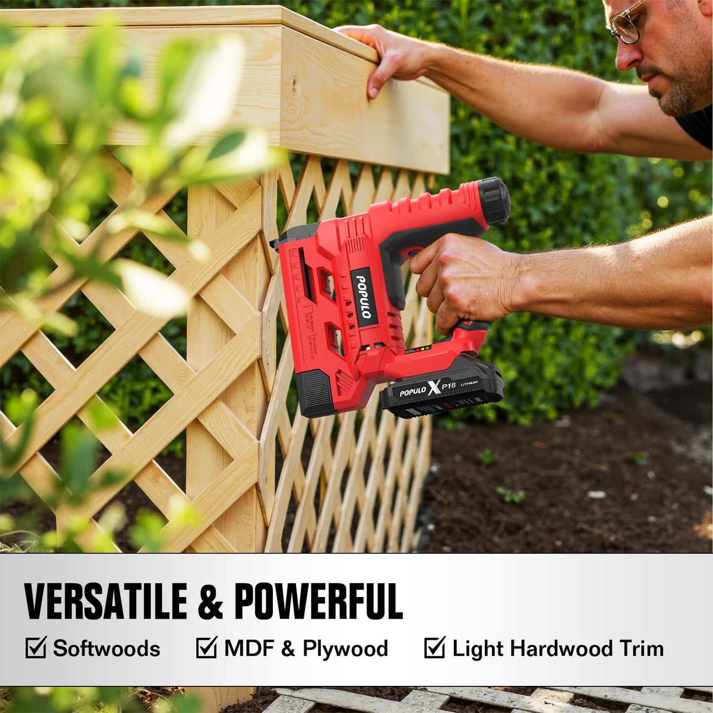 POPULO 20V Nail Gun Battery Powered, 18 Gauge 2-In-1 Cordless Brad Nailer Stapler Includes a 2.0Ah Battery, Charger, 1600 Staples and Nails, Electric Staple Gun for Carpentry and Upholstery