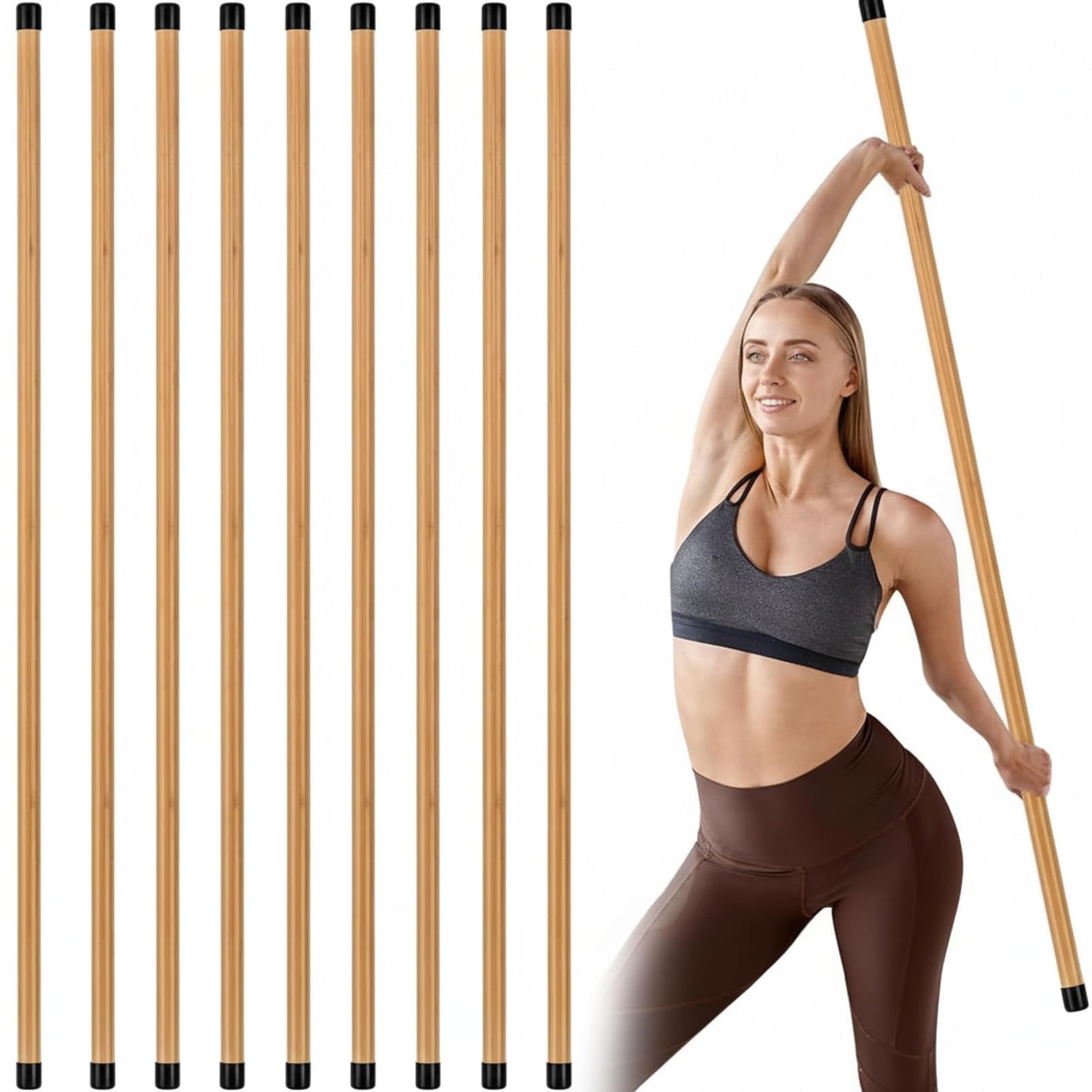 Hiboom 6/9 Pcs 5ft Yoga Stick Natural Bamboo Black Exercise Stick with Non-Slip Rubber Ends Stretching Tool Posture Corrector Stretch Tool for Flexibility, Workout, Balance Fitness(6 Pcs,Bamboo)